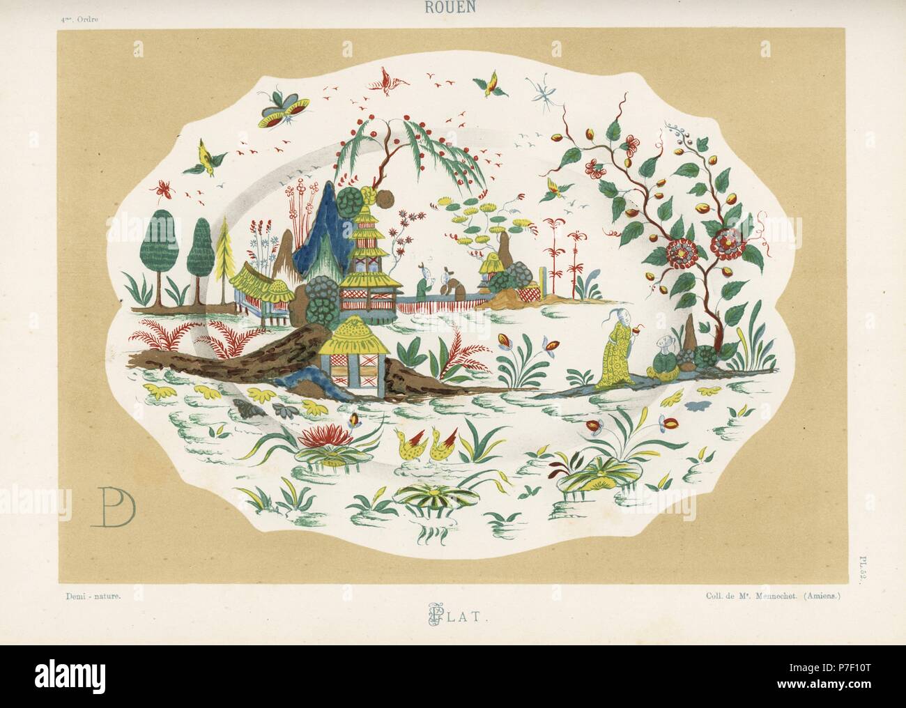Platter from Rouen, France, with fantasy Oriental landscape of pagoda, mountains, birds and flowers in imitation chinoiserie. Hand-finished chromolithograph from Ris Paquot's General History of Ancient French and Foreign Glazed Pottery, Chez l'Auteur, Paris, 1874. Stock Photo