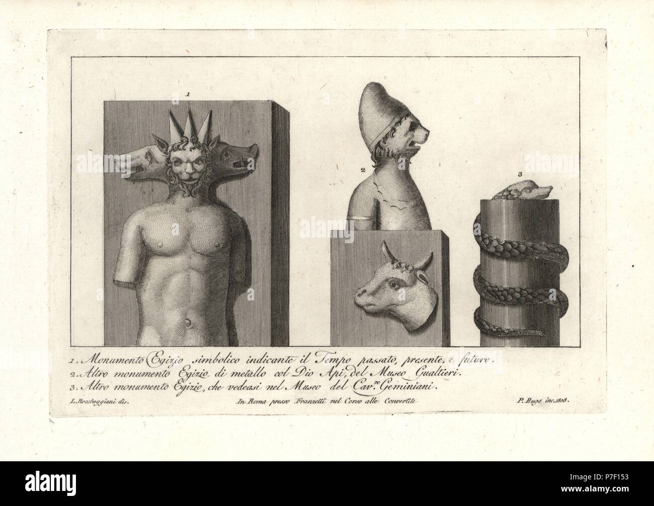 Egyptian three-headed monument symbolizing the past, present and future 1, Egyptian monument in metal to the god Apis from the Museum Gualtieri 2, and another Egyptian monument with coiled snake in the Museum of Cavallero Geminiani 3. Copperplate engraving by Pietro Ruga after an illustration by Lorenzo Rocceggiani from his own 100 Plates of Costumes Religious, Civil and Military of the Ancient Egyptians, Etruscans, Greeks and Romans, Franzetti, Rome, 1802. Stock Photo