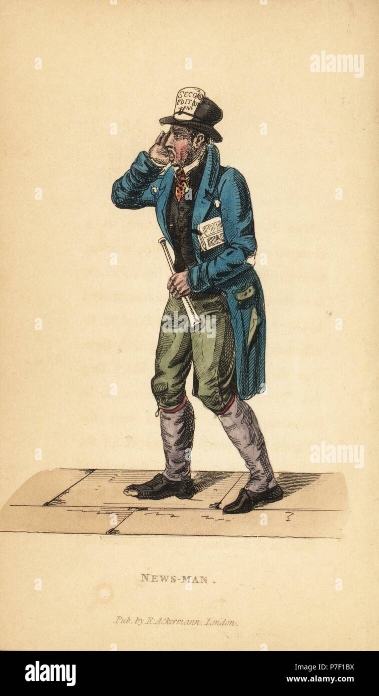 Newsman with horn announcing battle news in the streets of London during the Napoleonic Wars. Handcoloured copperplate engraving from William Henry Pyne's The World in Miniature: England, Scotland and Ireland, Ackermann, 1827. Stock Photo
