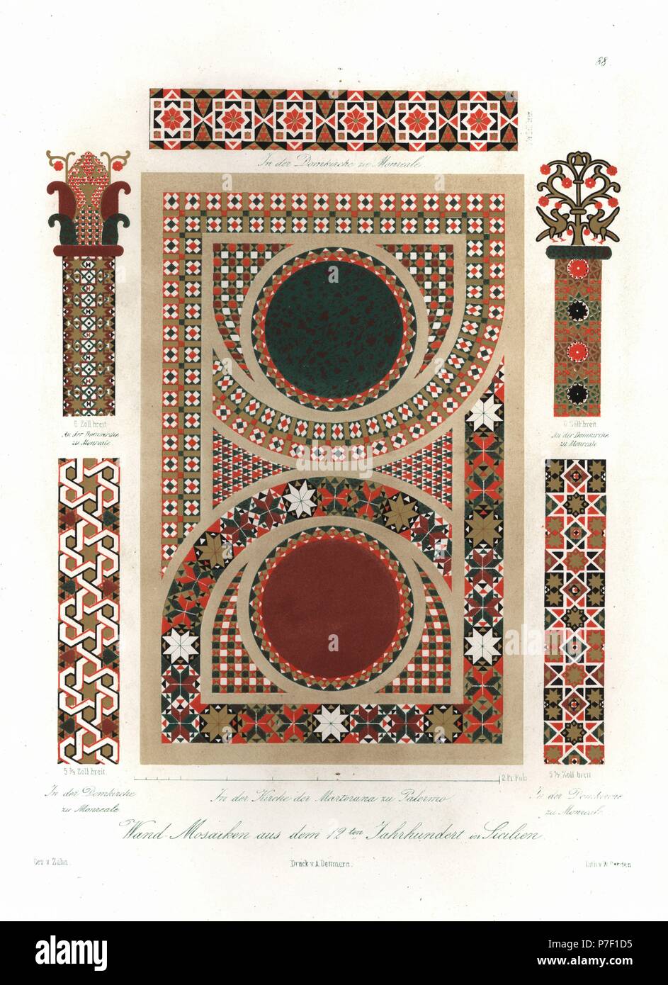 Wall mosaics from the 12th century in Sicily: large central mosaic from the Chiesa della Martorana, Palermo, and details of mosaics in Monreale Cathedral. Handcoloured lithograph by A. Barden after an illustration by Wilhelm Zahn from his Ornament of All Classical Art Eras, Ornamente aller klassischen Kunst-Epochen, Reimer, Berlin, 1834. Stock Photo