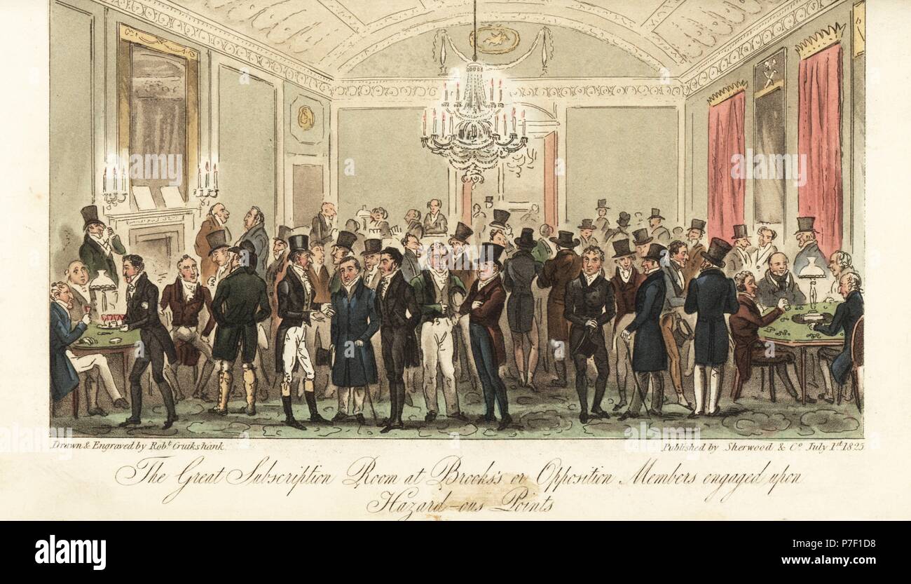 Regency gentlemen gambling on the card game Hazard at Brooks club. The  Great Subscription Room at Brooks, or Opposition Members engaged upon  Hazard-ous Points. Handcoloured copperplate drawn and engraved by Robert  Cruikshank