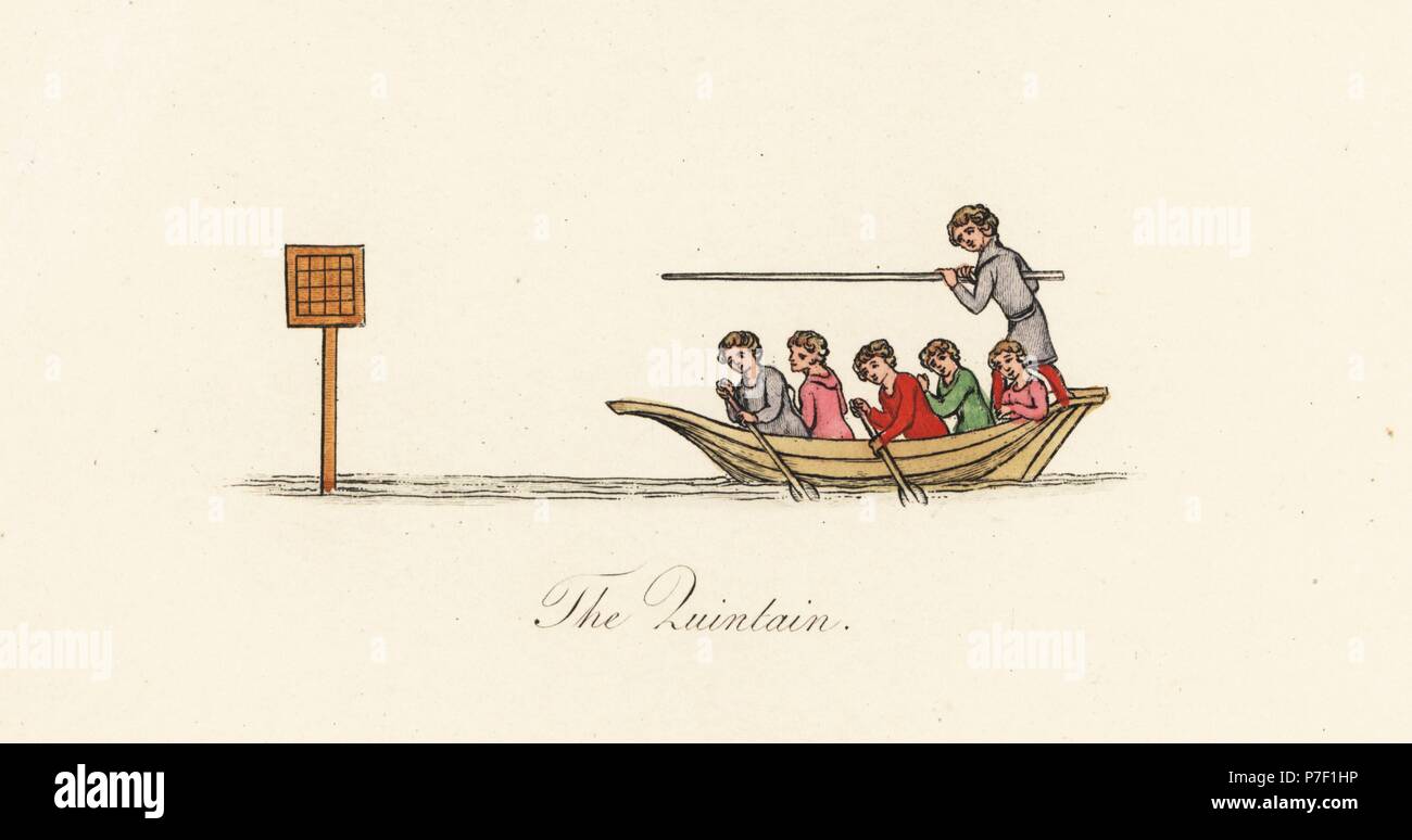 Boy with lance on a boat rowed by other boys tilting at a water quintain, 14th century. Handcoloured lithograph by Joseph Strutt from his own Sports and Pastimes of the People of England, Chatto and Windus, London, 1876. Stock Photo