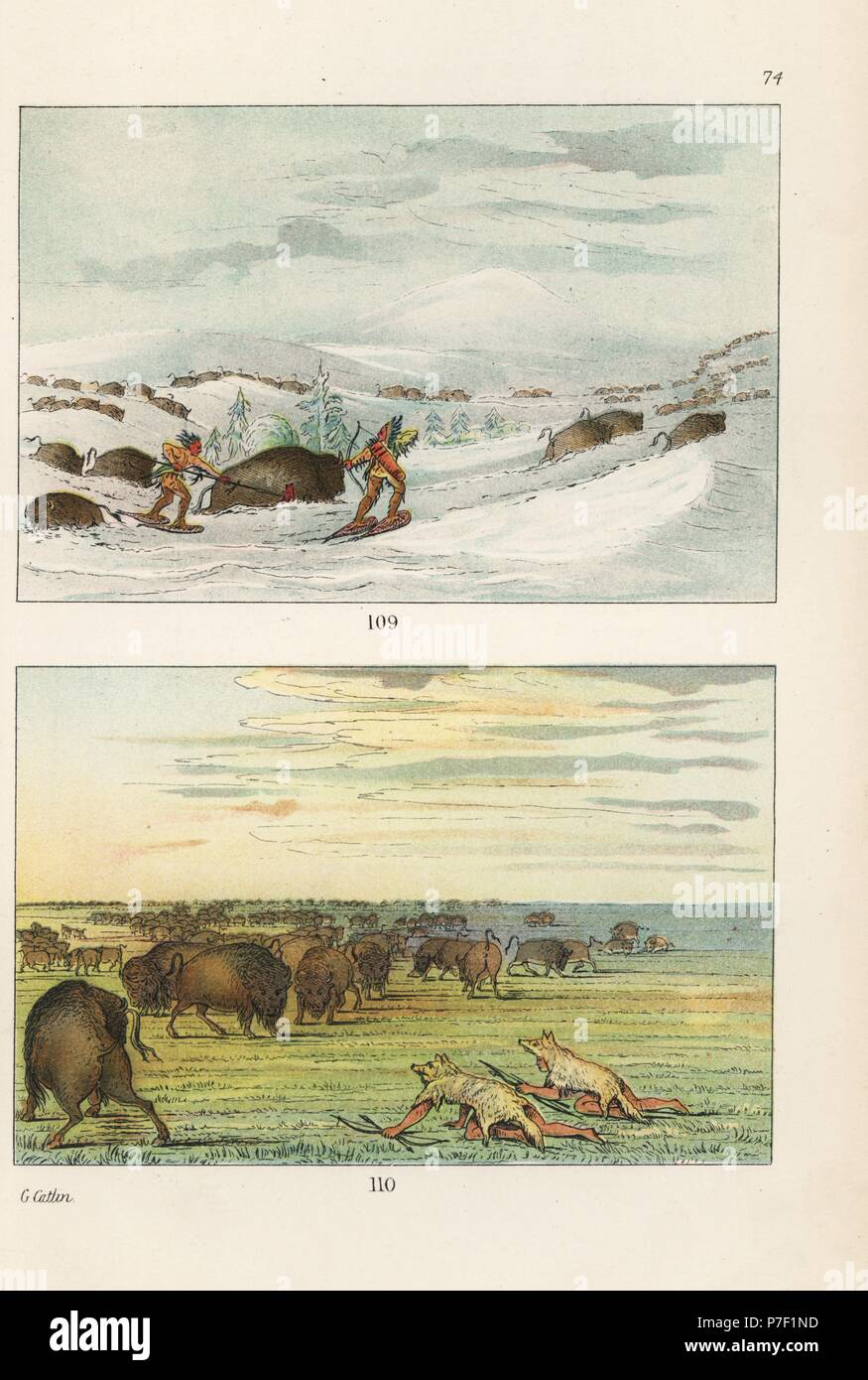 Native Americans in snow shoes hunting buffalo or bison in winter snow 109, and wearing white wolf skins to hunt bison on the prairie 110. Handcoloured lithograph from George Catlin's Manners, Customs and Condition of the North American Indians, London, 1841. Stock Photo