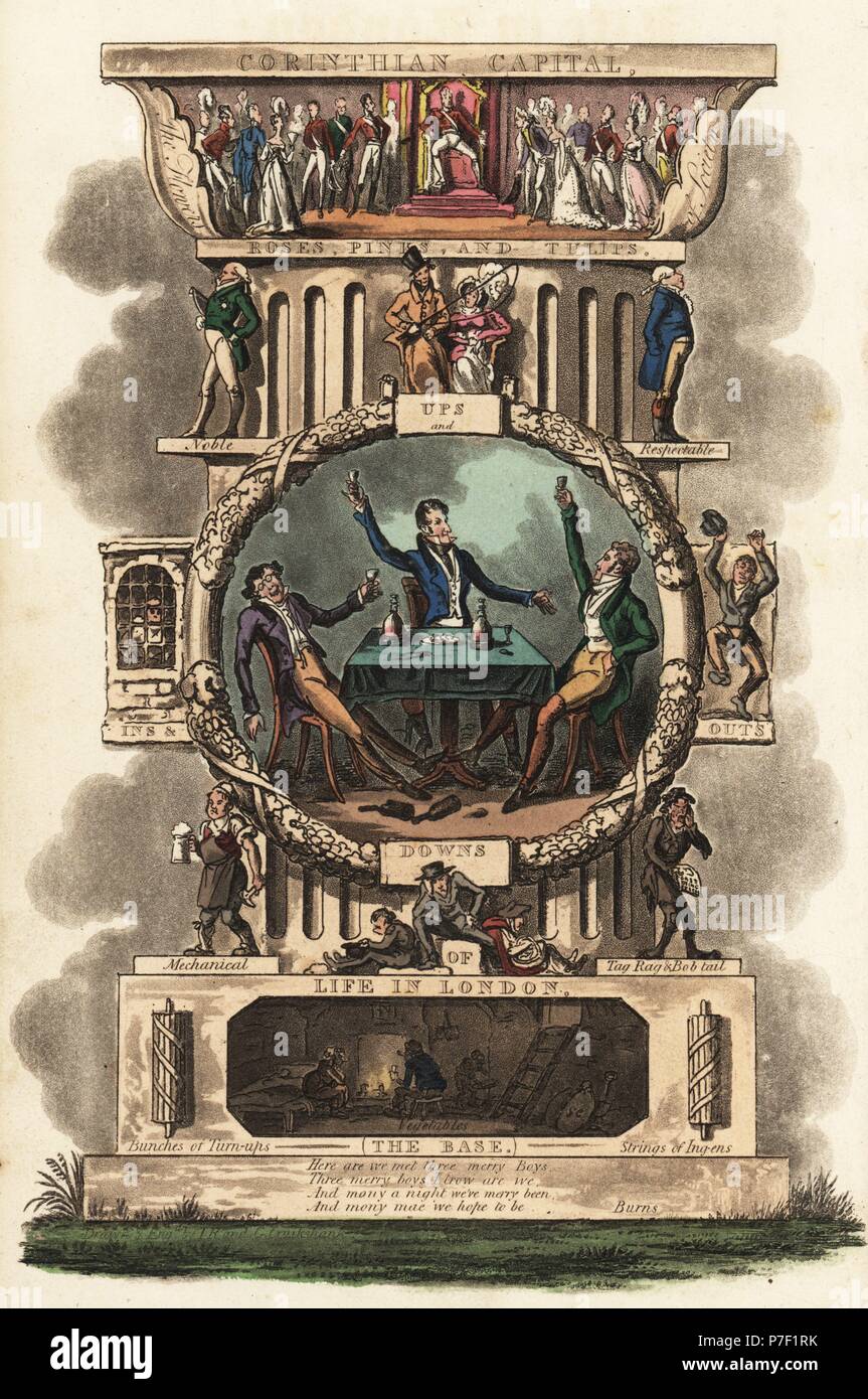 Title page with vignettes of high and low life in London, from the Corinthian Capital to the Basement, with three dandies drinking wine in the centre. Handcoloured copperplate engraving by Isaac Robert Cruikshank and George Cruikshank from Pierce Egan's Life in London, Sherwood, Jones, London, 1823. Stock Photo
