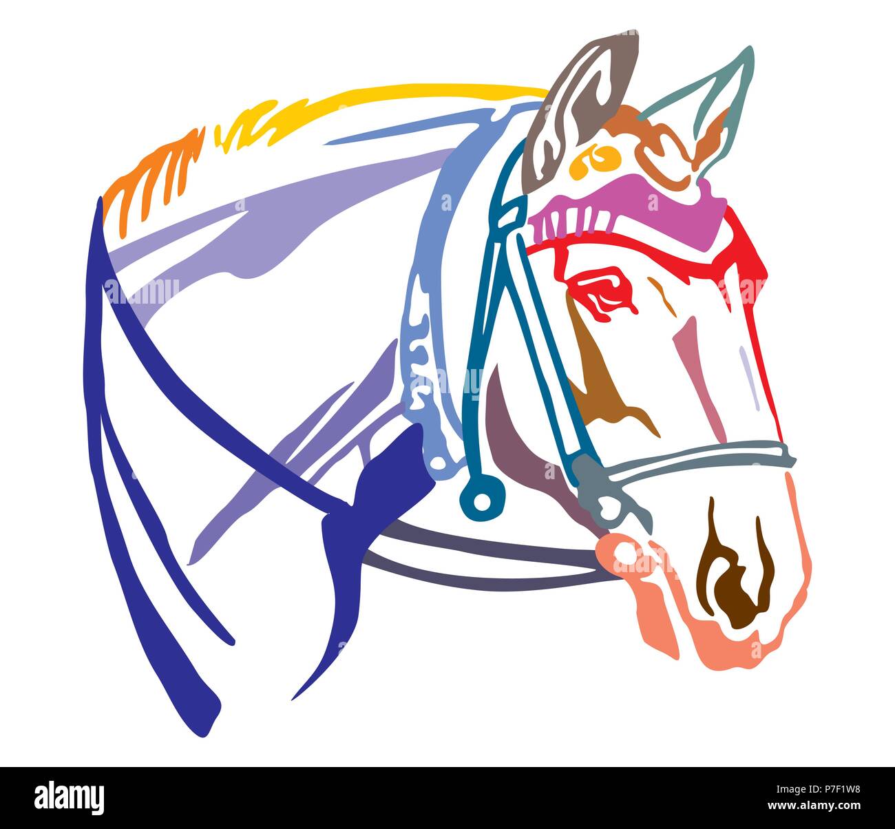 Colorful decorative portrait in profile of horse with beautiful bridle, vector illustration in different colors isolated on white background. Image fo Stock Vector