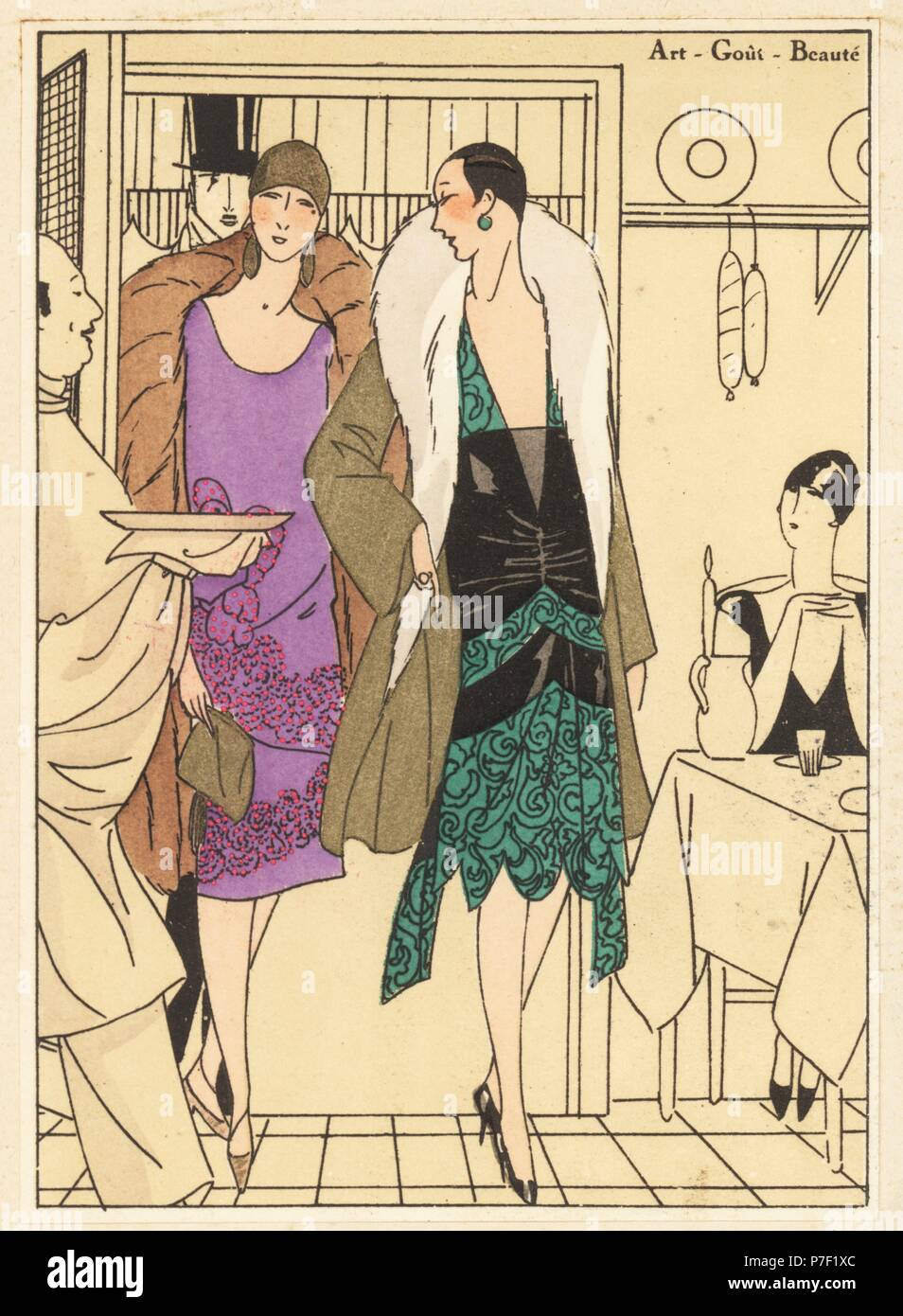 Women entering a restaurant wearing coats and evening dresses in violet muslin embroidered with flowers, and black crepe de chine with green lace. Handcolored pochoir (stencil) lithograph from the French luxury fashion magazine Art, Gout, Beaute, 1926. Stock Photo