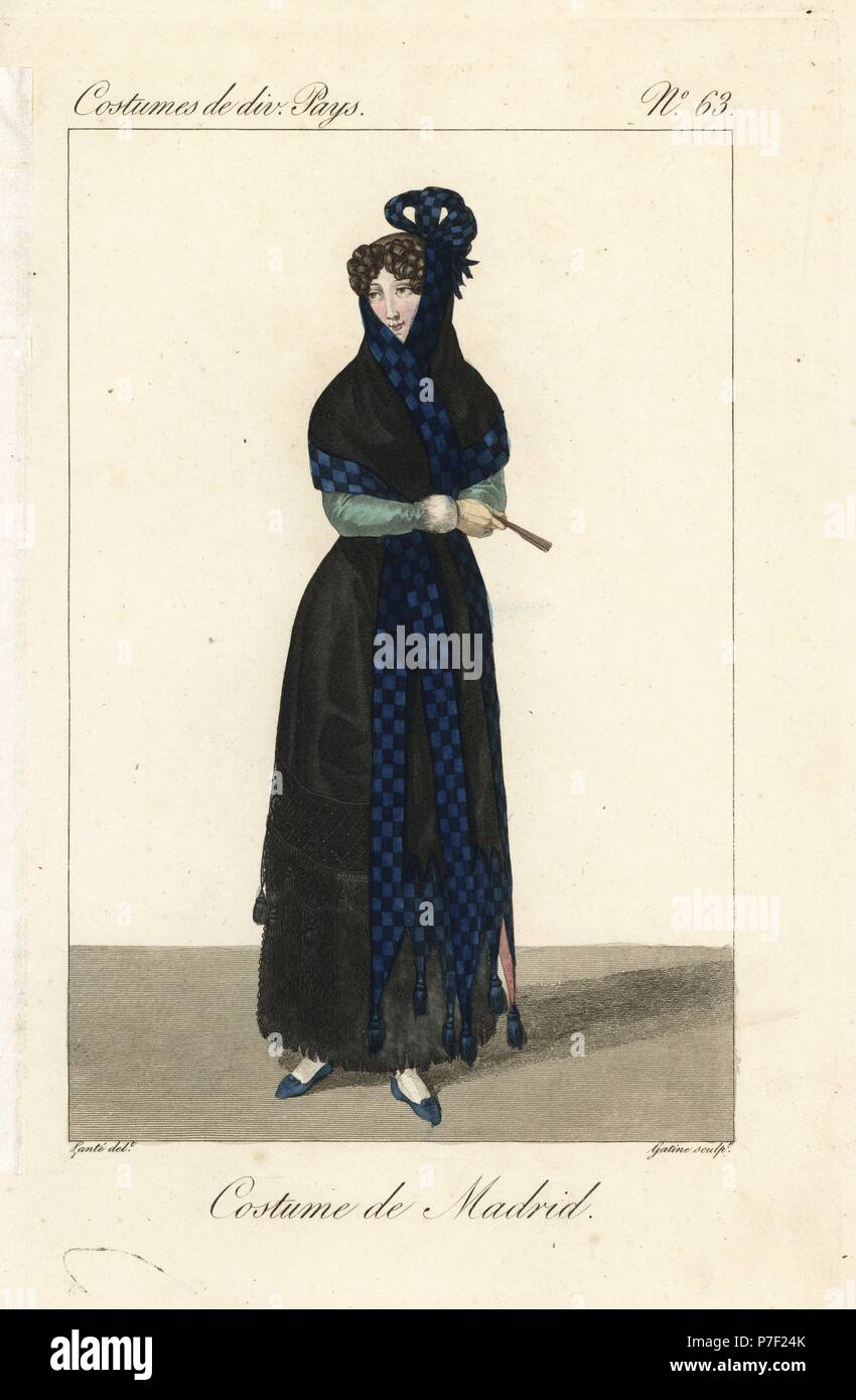Woman of Madrid, Spain, 19th century. She wears the traditional black
