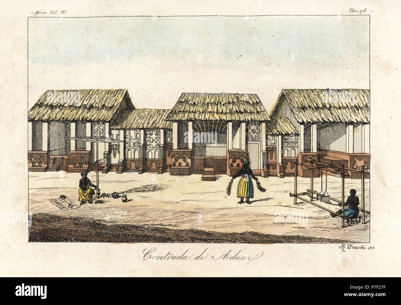district-of-adum-in-the-town-of-kumasi-kingdom-of-ashanti-ghana-early-19th-century-woman-selling-goods-weaving-fabric-on-a-loom-tending-a-stall-handcoloured-copperplate-engraving-by-antonio-sasso-from-giulio-ferrarios-ancient-and-modern-costumes-of-all-the-peoples-of-the-world-florence-italy-1843-P7F27F.jpg