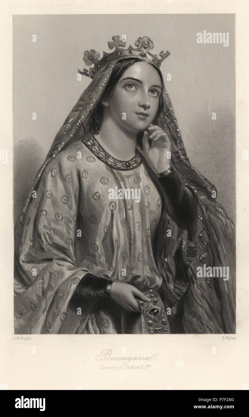 Berengaria of Navarre, queen consort of King Richard I of England. Steel engraving by B. Eyles after a portrait by J.W. Wright from Mary Howitt's Biographical Sketches of The Queens of England, Virtue, London, 1868. Stock Photo