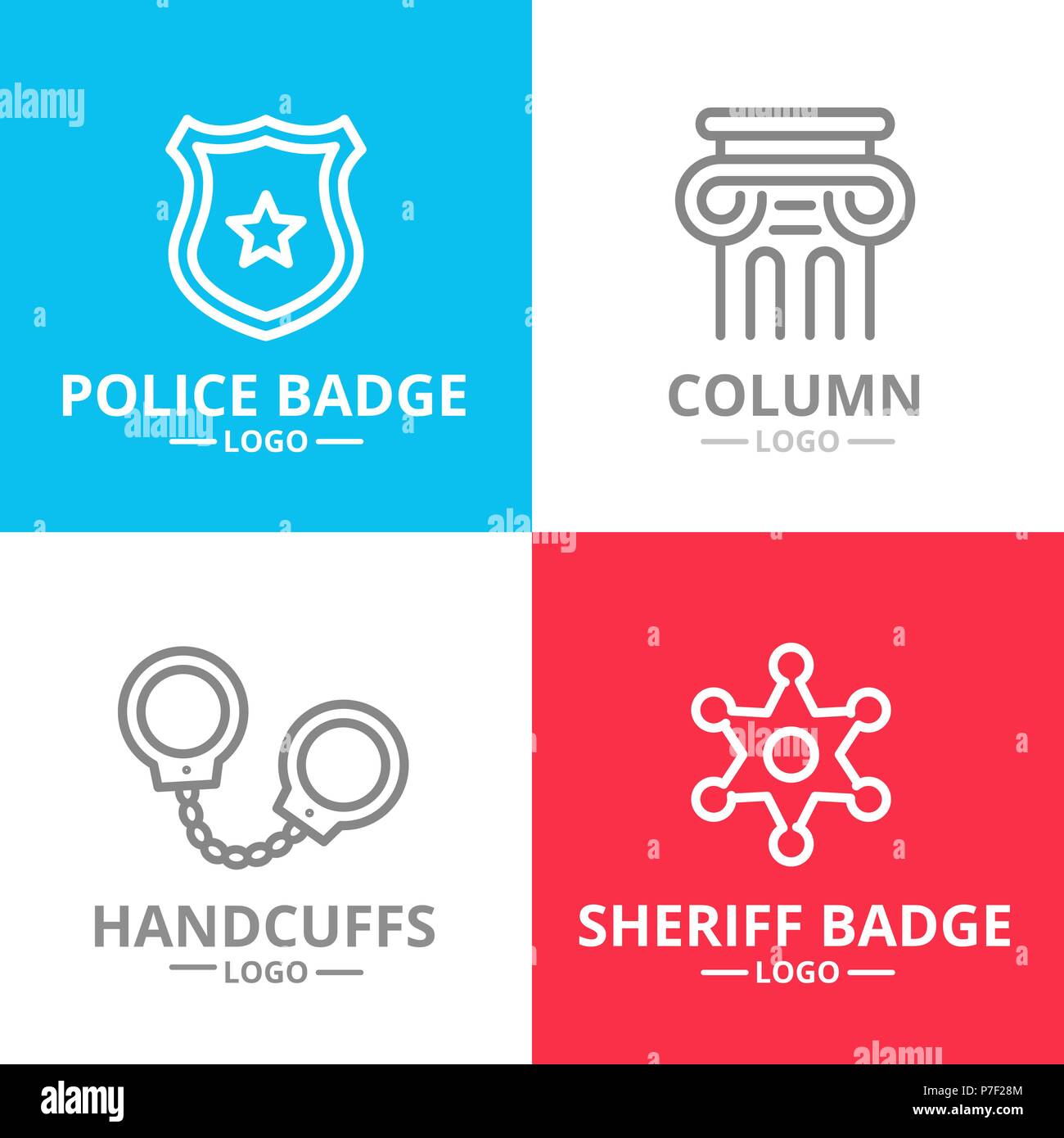 Set of vector crime, law, police and justice logo or insignia, emblems, labels and badge. Vector line style Stock Vector