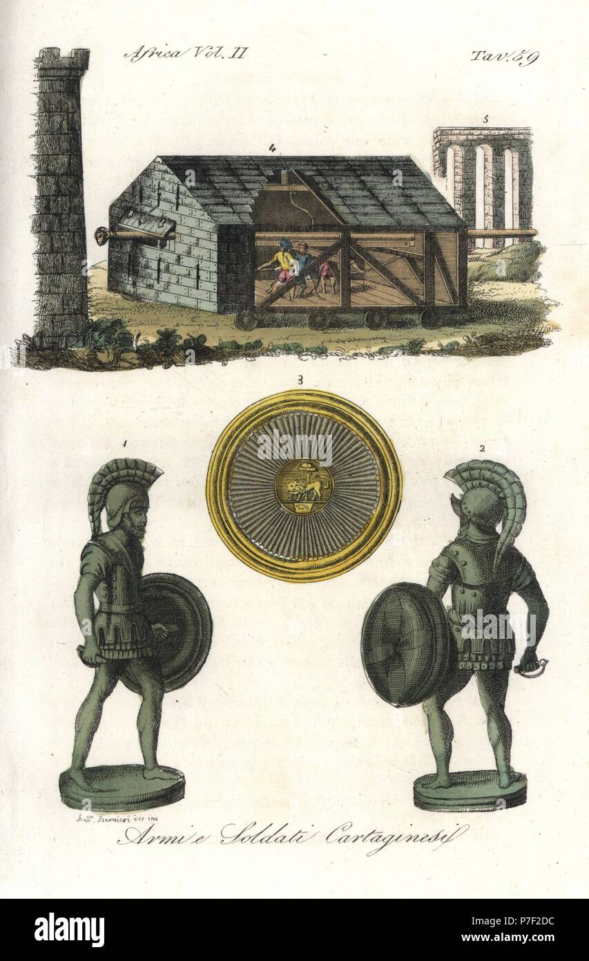 Soldiers and weapons of Carthage. Carthaginian soldiers in breastplate and helmet 1,2, Hannibal's shield 3, and war machine 4, a battering ram within a portable hut covered in cowhide. Handcoloured copperplate engraving by Andrea Bernieri from Giulio Ferrario's Ancient and Modern Costumes of all the Peoples of the World, Florence, Italy, 1843. Stock Photo