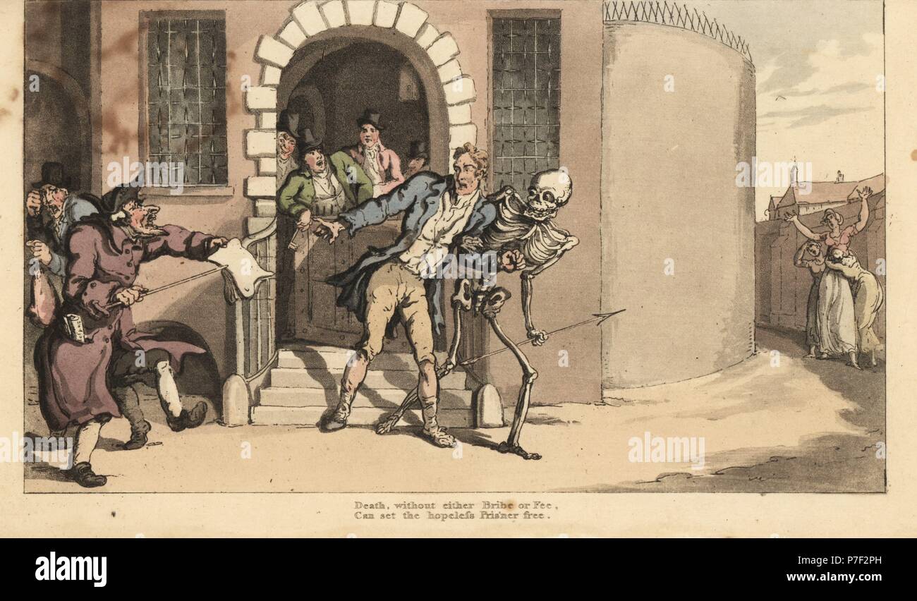 The skeleton of Death frees a prisoner from debtor's gaol in front of his distraught family. Handcoloured copperplate drawn and engraved by Thomas Rowlandson from The English Dance of Death, Ackermann, London, 1816. Stock Photo