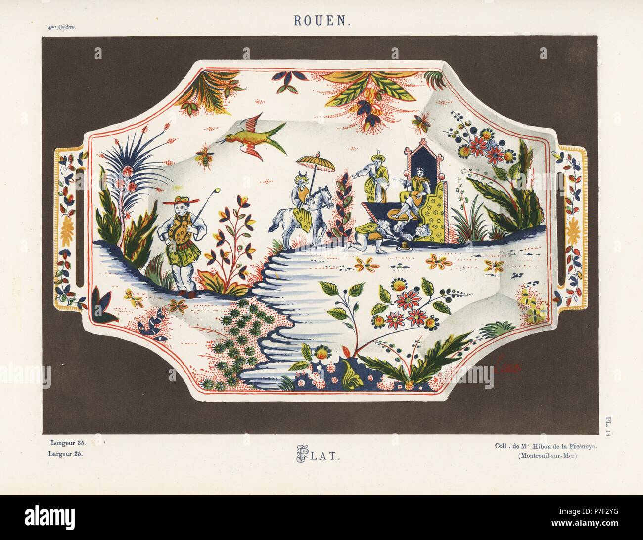 Platter with handles from Rouen, France. Decorated with a fantastical Oriental scene with king, throne, parasol, birds, flowers. Hand-finished chromolithograph from Ris Paquot's General History of Ancient French and Foreign Glazed Pottery, Chez l'Auteur, Paris, 1874. Stock Photo