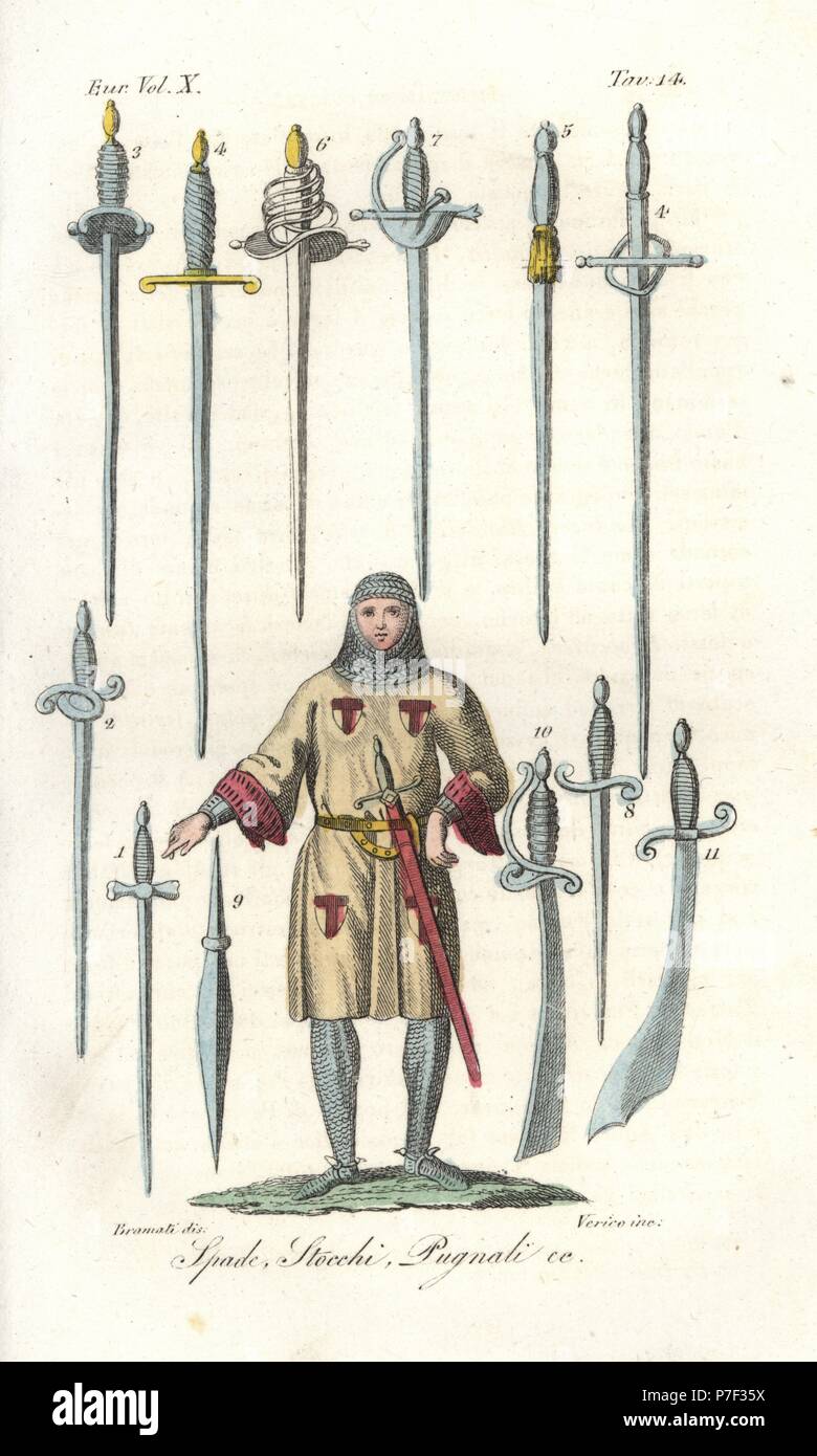Swords, rapiers and daggers of the 13th century. Braquemard short sword 1, long sword Estocade 3, two-handed sword 4, Fourree guardless sword 5, Swiss sword 6, Spanish sword 7, dagger 8, bayonet 9, saber 10 and scimitar 11. Handcoloured copperplate engraving by Verico after Giuseppe Bramati from Giulio Ferrario's Ancient and Modern Costumes of all the Peoples of the World, Florence, Italy, 1844. Stock Photo
