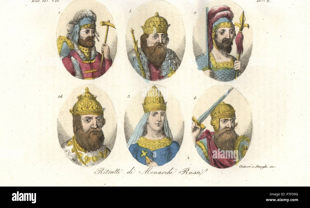 Portraits of early Russian rulers. King Rurik 1, Igor I 2, Saint Olga 3