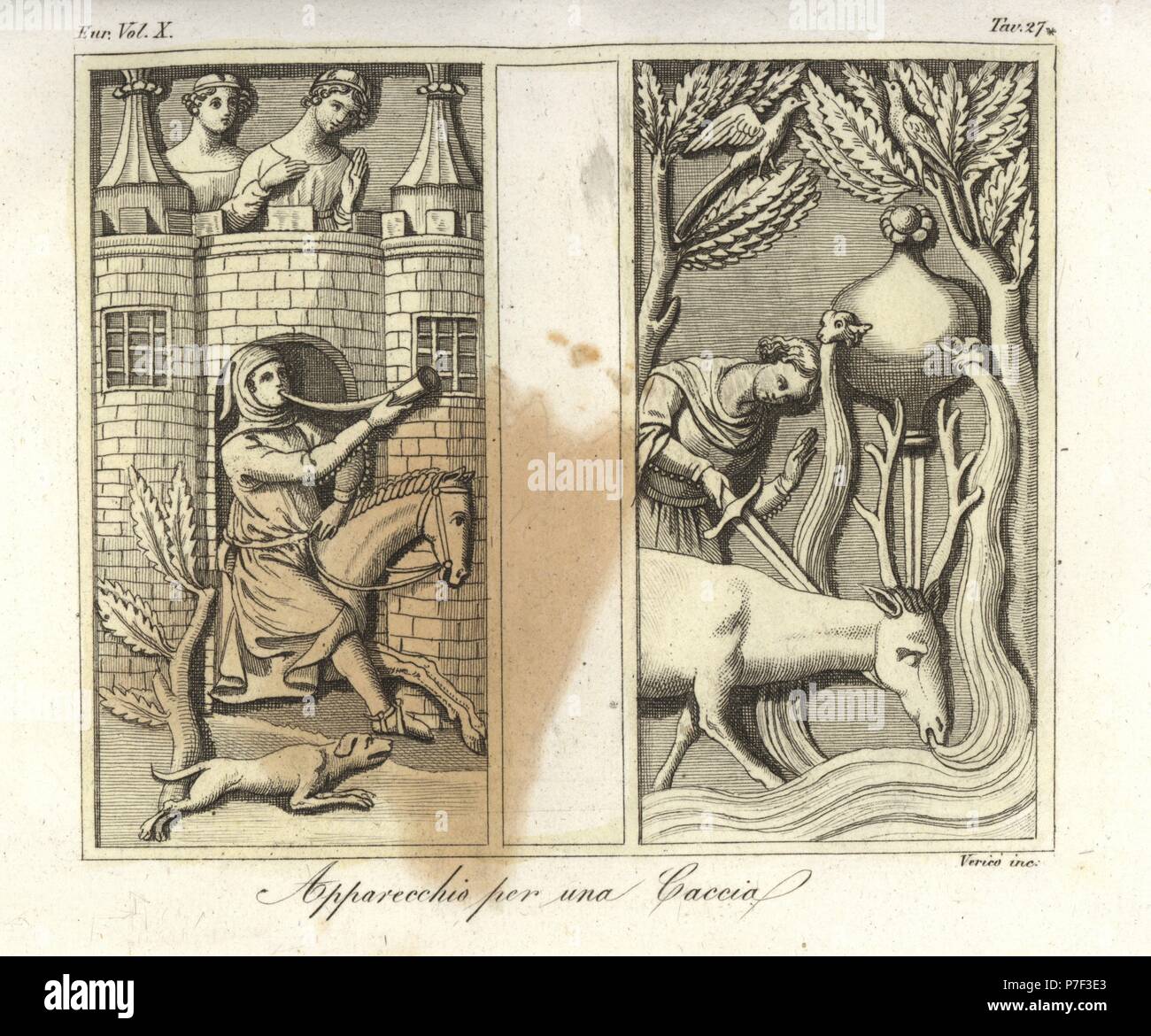 Medieval Hunting From A Bas Relief On A Sarcophagus Hunter With Horn And Hounds And Man With Sword Attacking A Stag At A Fountain Handcoloured Copperplate Engraving By Verico From Giulio Ferrario S