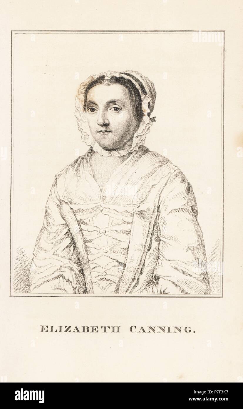 Elizabeth Canning, transported for perjury. She claimed she had been kidnapped, robbed of her stays and held prisoner in a house of prostitution by Mary Squires and Mother Wells. Copperplate engraving from John Caulfield's Portraits, Memoirs and Characters of Remarkable Persons, Young, London, 1819. Stock Photo