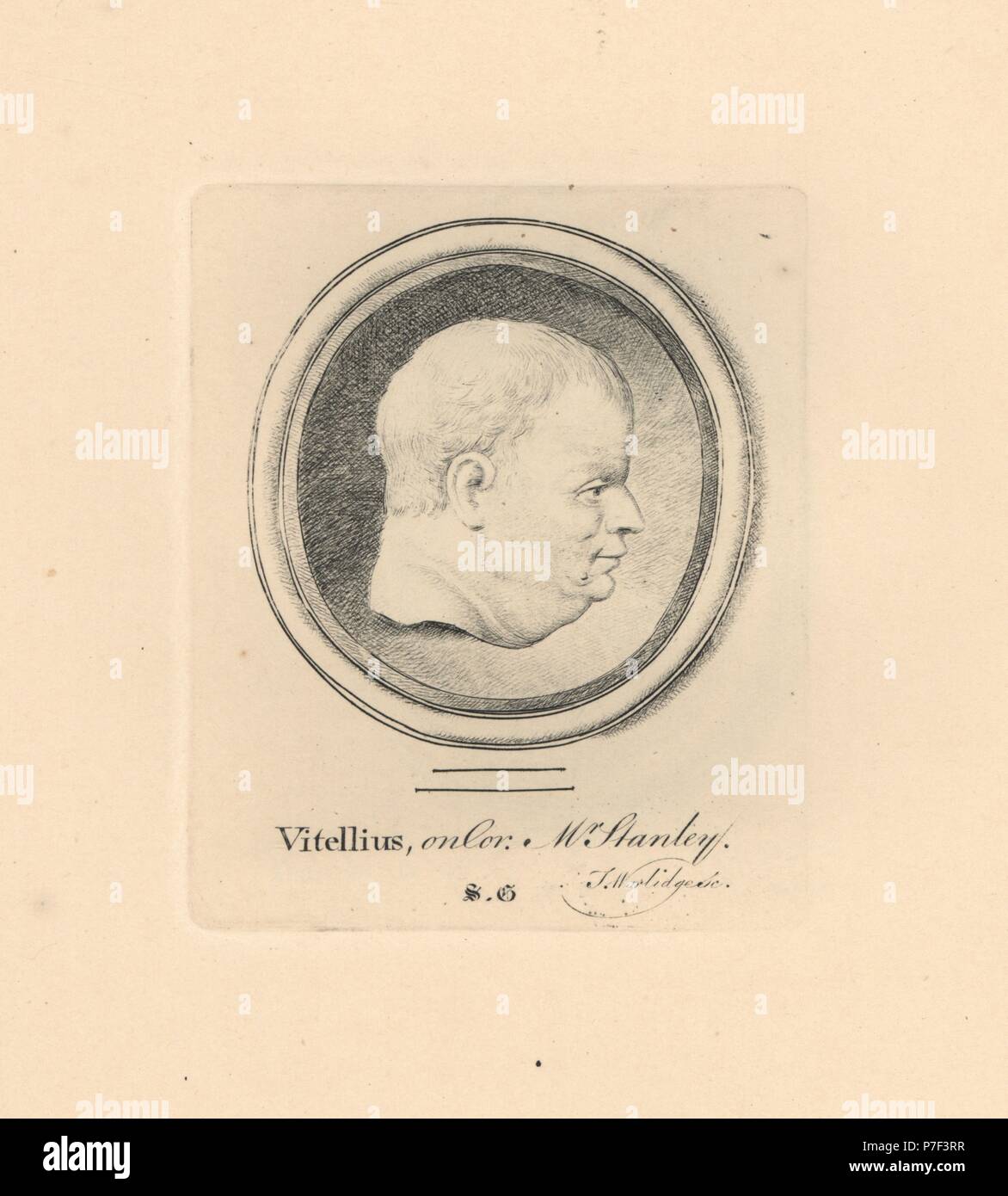 Portrait of Vitellius, Roman Emperor, on cornelian, in the collection of Mr Stanley. Copperplate engraving by Thomas Worlidge from James Vallentin's One Hundred and Eight Engravings from Antique Gems, 1863. Stock Photo