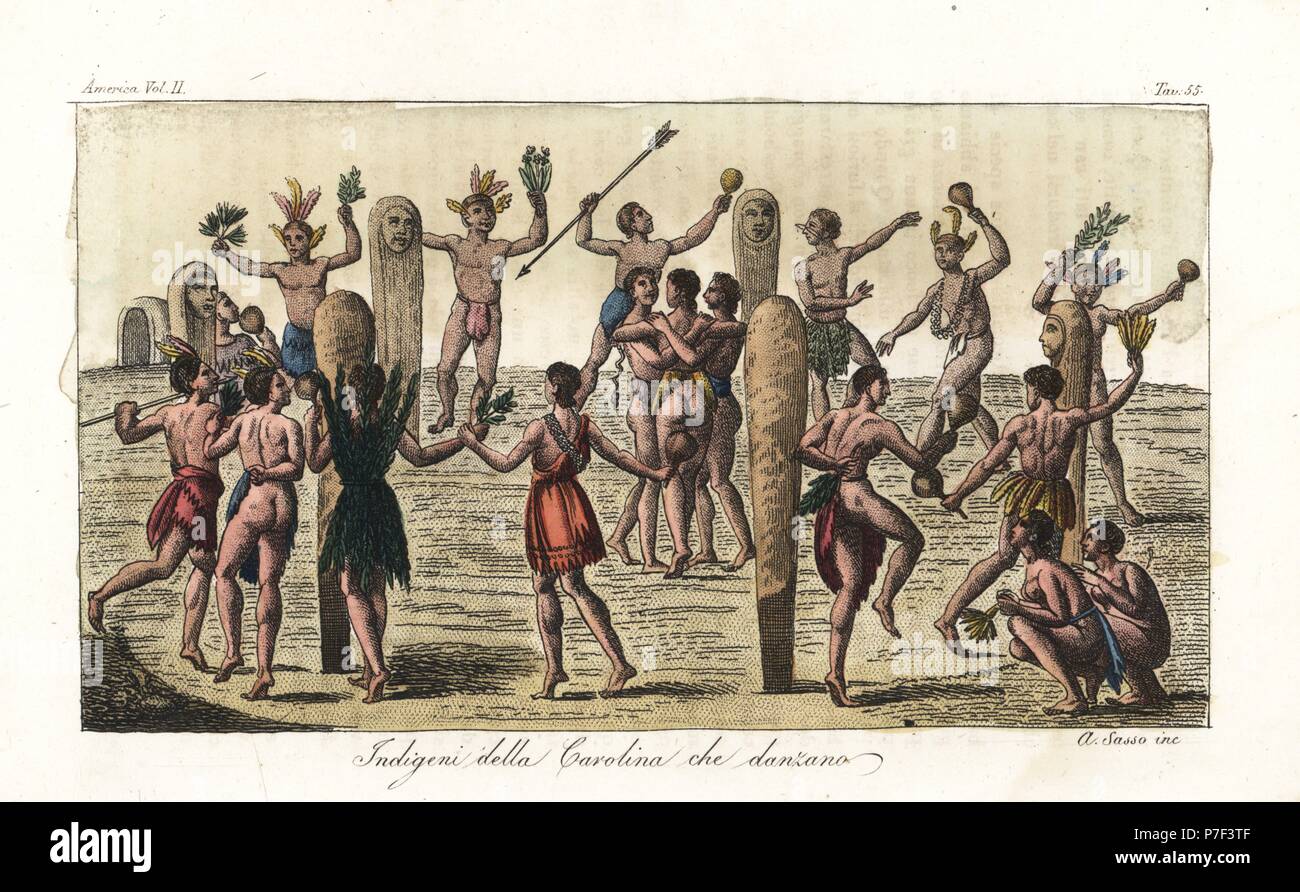 Dance of the Powhatan Native Americans of Carolina within a circle of totem poles. (Based on Captain White's drawing of the Algonquian dance in Virginia.) Handcoloured copperplate engraving by A. Sasso from Giulio Ferrario's Ancient and Modern Costumes of all the Peoples of the World, Florence, Italy, 1841. Stock Photo