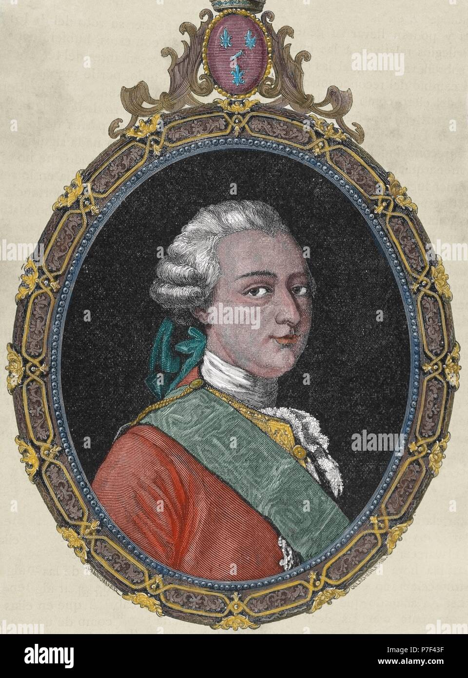 Louis Joseph of Conde (1736-1818). Prince of Conde from 1740-1818. House of Bourbon. Portrait. Engraving, 19th century. Colored. Stock Photo