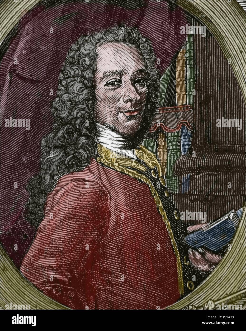 Voltaire (1694-1778). French Enlightenment writer, historian, and philosopher. Portrait. Engraving by Etienne Fiquet (1719-1797). Colored. Stock Photo