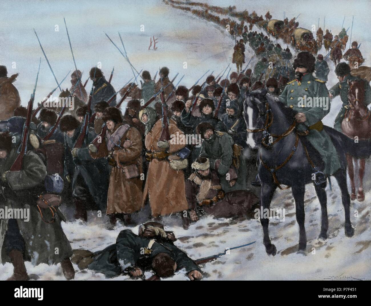 Russo-Japanese War (1904-1905). Column of Japanese soldiers marching under the cold and tiredness of fighting. Engraving. Colored. Stock Photo