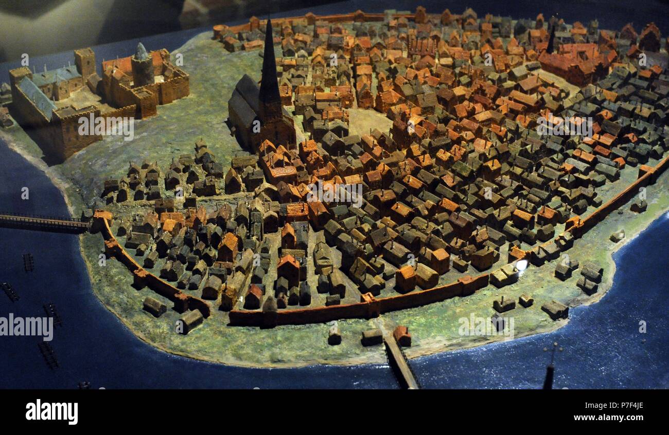 Model of the city of Stockholm in the late Middle Ages. By Trygve Jerneman, 1962. Scale 1:500. Medieval Museum. Stockholm. Sweden. Stock Photo