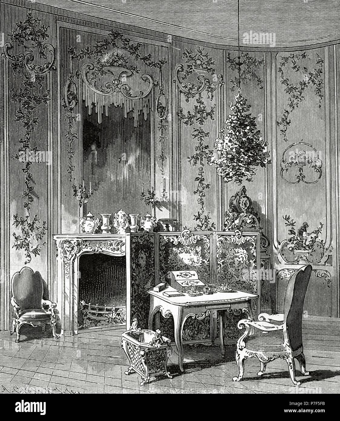 Voltaire (Francois Marie Arouet) (1694-1778). French philosopher and writer. Voltaire's room in the Sanssouci Palace in Potsdam. Engraving by A. Closs. Universal History, 1885. Stock Photo