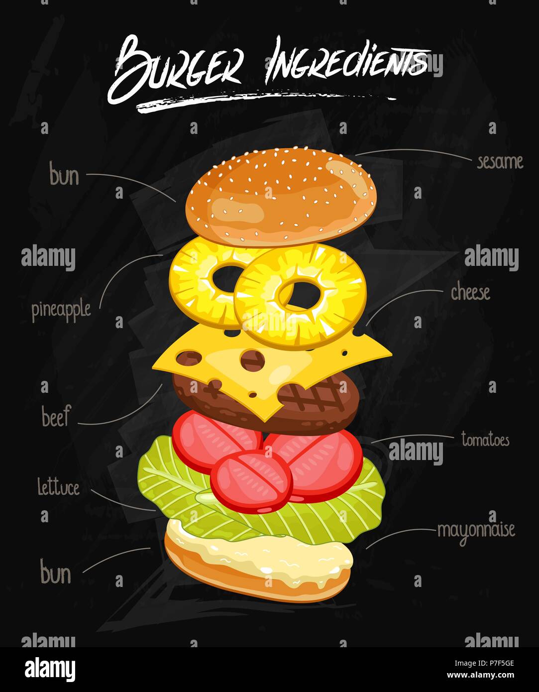 Burger Ingredients on Chalkboard Stock Vector