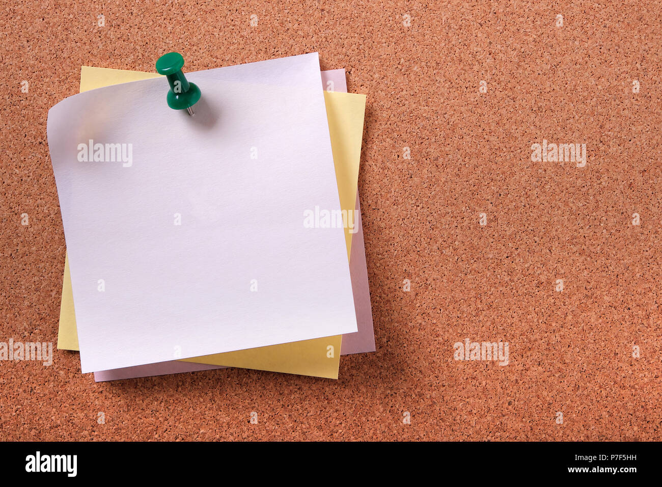 Various colors several sticky post notes pinned pushpin cork background Stock Photo