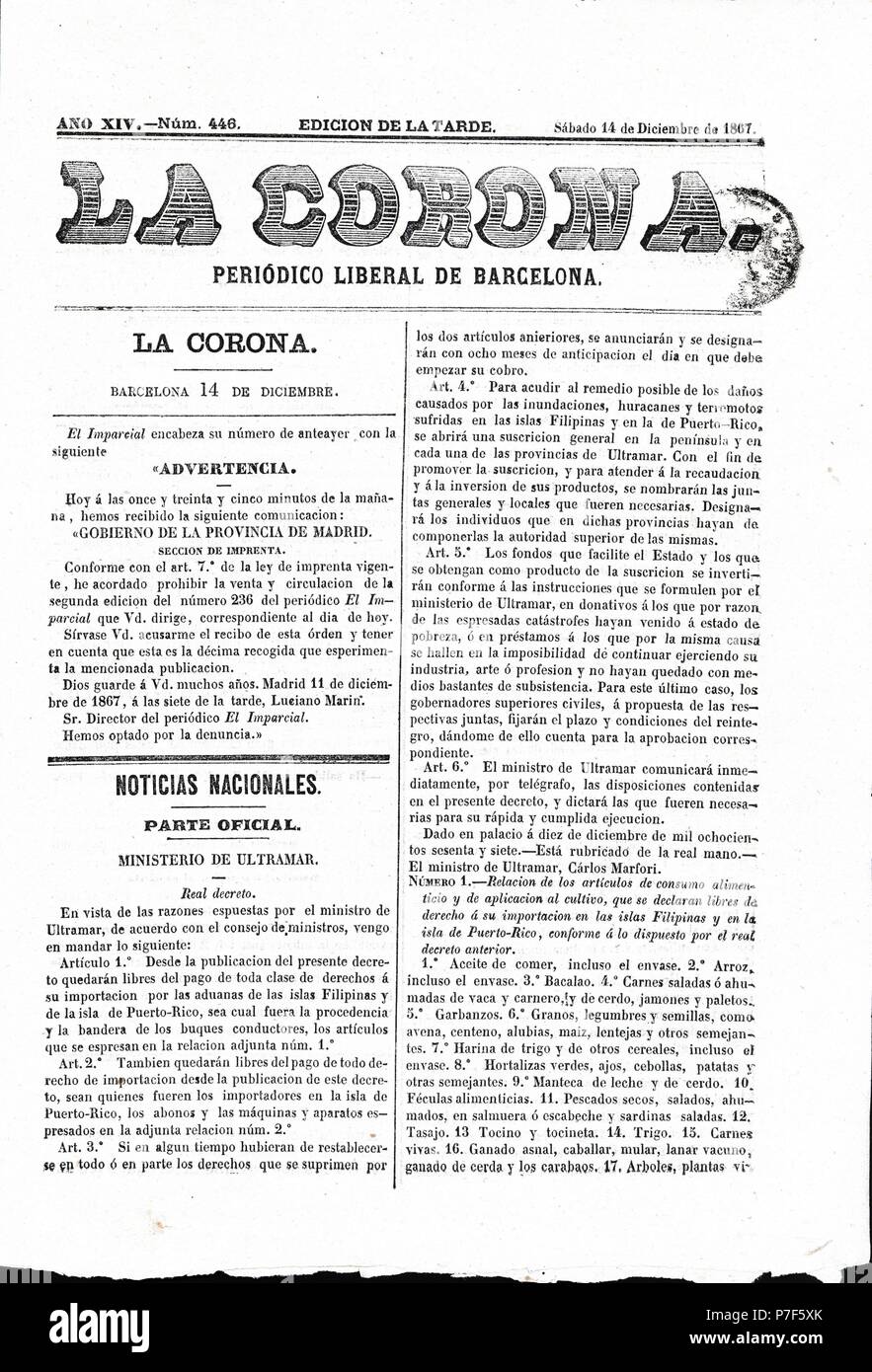 Portada del periódico liberal "La Corona", edición de tarde. Barcelona, 14 diciembre 1867. Stock Photo