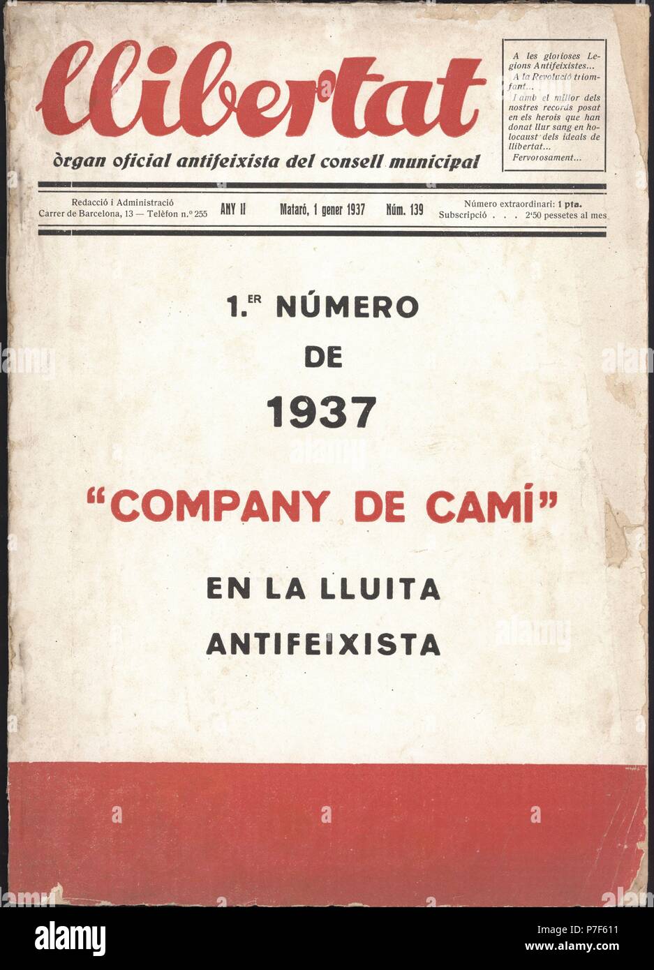 Portada de la revista Llibertat. Órgano oficial antifascista del consejo municipal de Mataró. Enero de 1937. Stock Photo