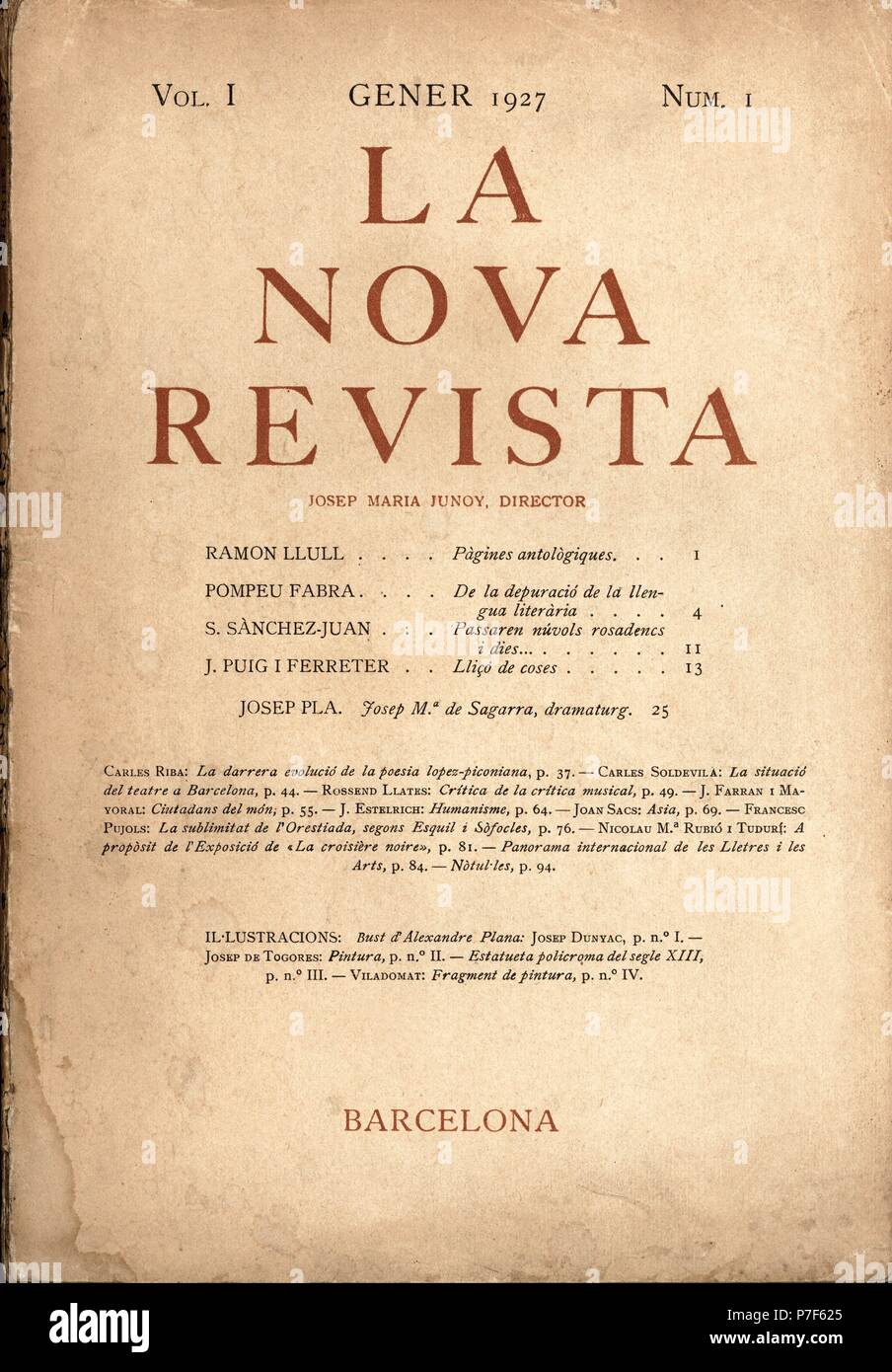 Portada de la revista literaria 'La Nova Revista', Volumen 1, número 1, editada en Barcelona, enero 1927. Stock Photo
