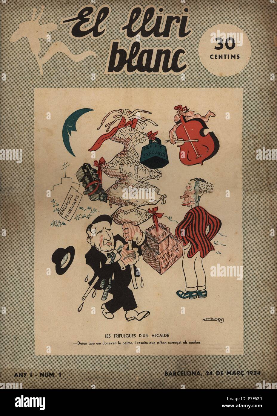Portada de la revista satírica "El Lliri Blanc", nº 1, editada en Barcelona, 24 marzo 1934. Stock Photo