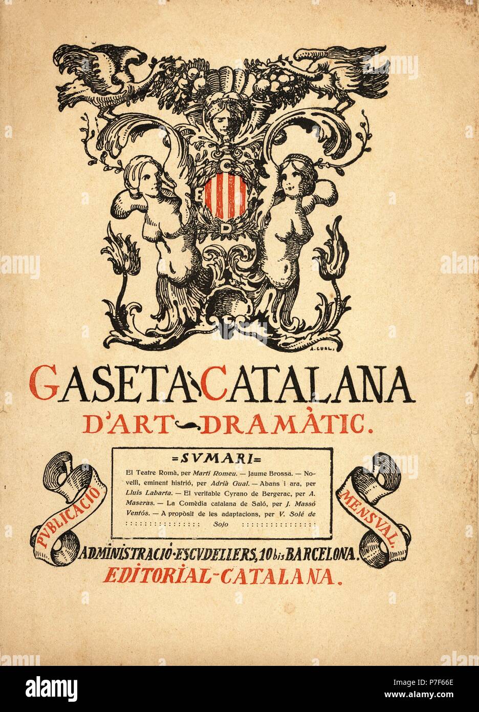 Portada de la revista mensual de arte dramático 'Gaseta Catalana', del 15 febrero 1919. Editada en Barcelona. Stock Photo