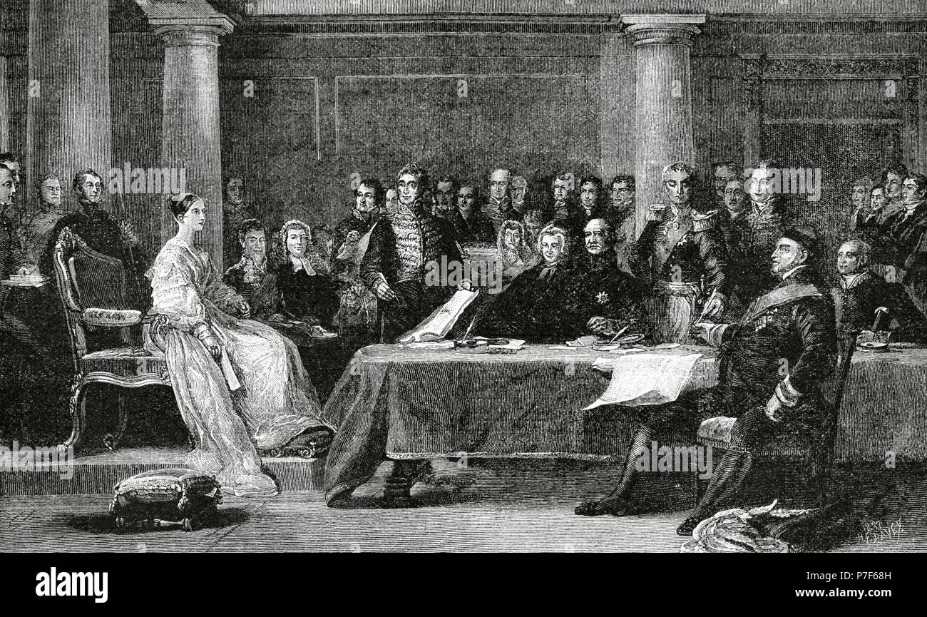 Queen Victoria (1819-1901). Queen of the United Kingdom of Great Britain and Ireland and Empress of India. First Council of Ministers presided by Queen Victoria, 1838. Engraving by H. E. Davey after a painting by Sir David Wilkie. Almanac of The Illustration, 1888. Stock Photo
