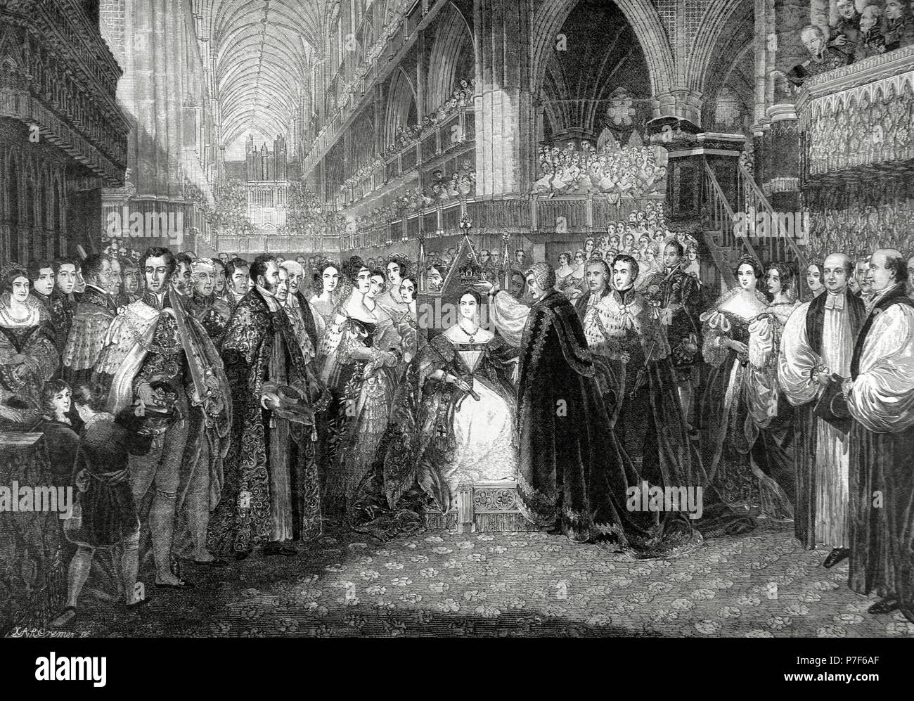 Victoria I (1819-1901). Queen of the United Kingdom of Great Britain and Ireland (1837-1901). Coronation of Victoria as a Queen, 28 June 1838, in the Westminster Abbey. Engraving by E. Cremer after a painting of E. T. Parris. 'Nuestro Siglo' , 19th century. Stock Photo