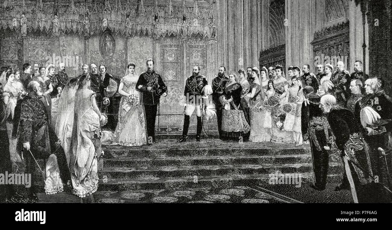 Victoria I (1819-1901), Queen of the United Kingdom of Great Britain and Ireland (1837-1901) and Empress of India,  (1876-1901), at the wedding of the Prince Leopold, Duke of Albany with the Princess Helena of Waldeck Pyrmont, April 27, 1882. Engraving by A. Closs from the painting of Sir James D. Linton. Almanaque de La Ilustracio n, 1880. Stock Photo