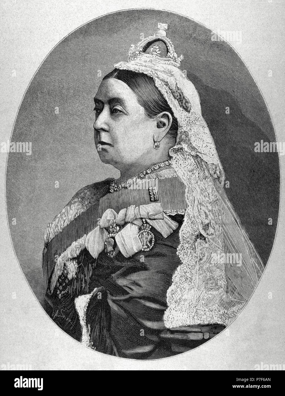 Victoria I (1819-1901). Queen of the United Kingdom of Great Britain and Ireland (1837-1901) and Empress of India (1876-1901). Portrait. Engraving by A. Soler. 'La Ilustracion Nacional', 1887. Stock Photo