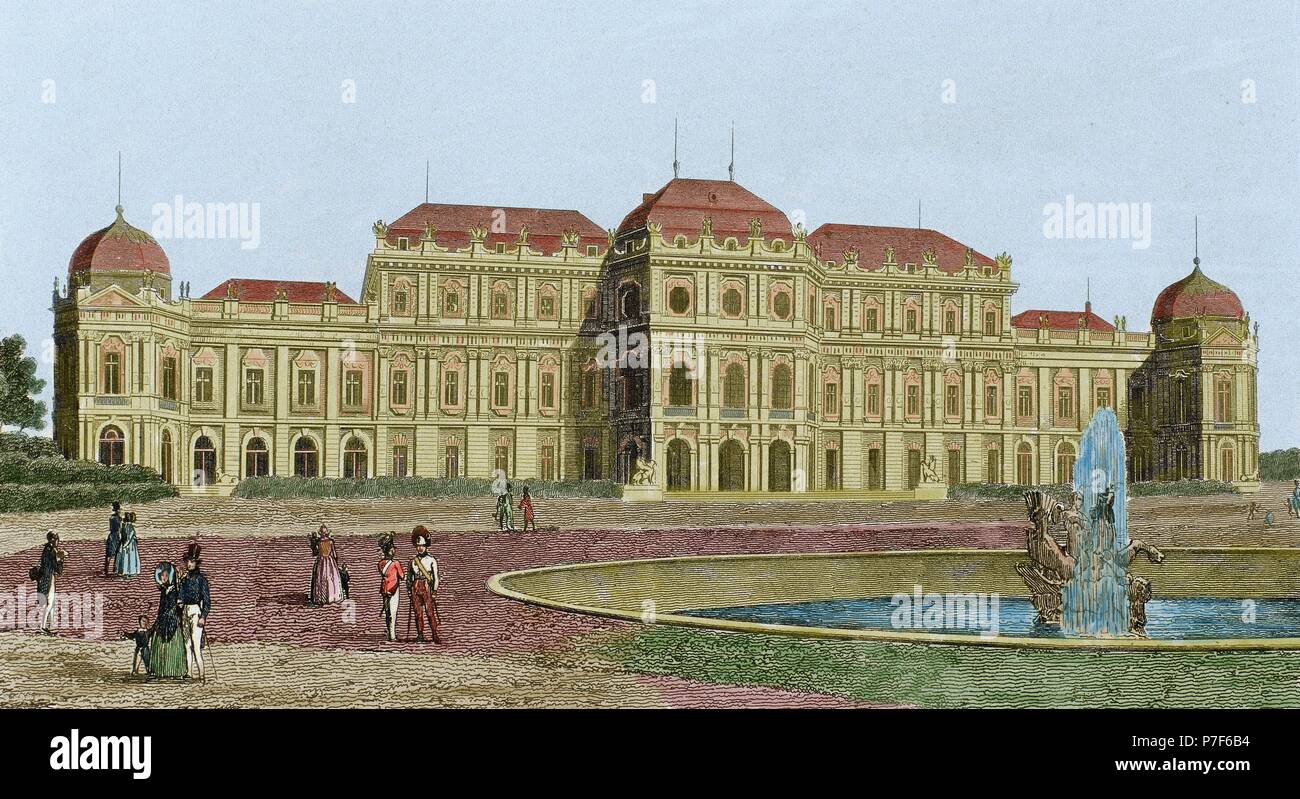 Austria. Vienna. Belvedere palace. Baroque. Build 1714-1722 by Johann Lukas von Hildebrandt (1668-1745). Summer residence for Prince Eugene of Savoy. Engraving, 19th century. Colored. Stock Photo