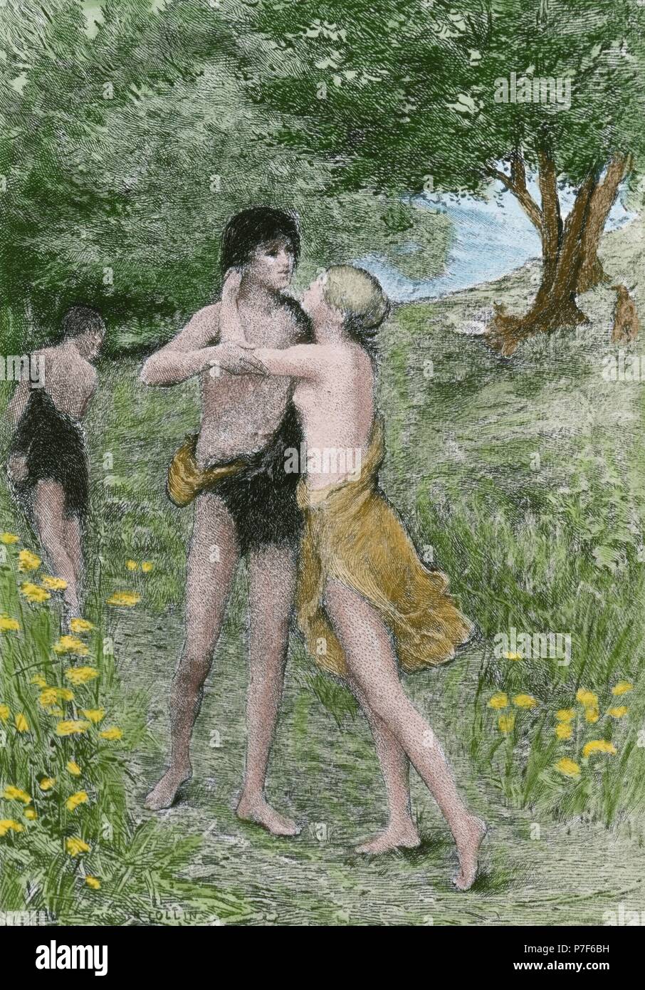 Daphnis and Chloe by Greek novelist Longus. 2nd century AD. Drawing by Raphael Collin (1850-1916) and  engraving by Eugene -Andre Champollion (1848-1901), 1890. Colored. Stock Photo