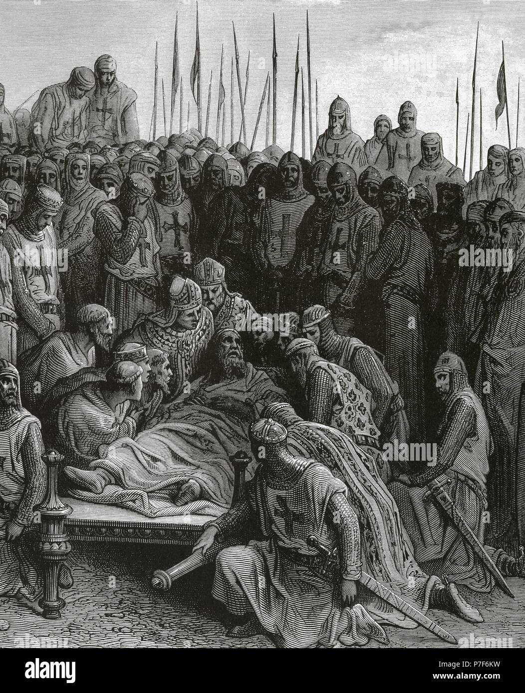 First Crusade (1096-1099). Raymond IV, Count of Toulouse (1041-1105) in his deathbed surrounded by the crusaders. Engraving by Gustave Dore (1832-1883). Stock Photo