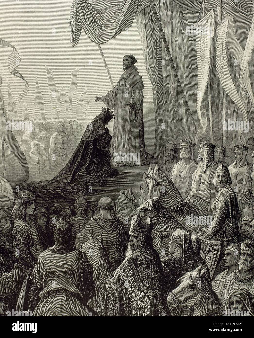 First Crusade (1096-1099). Crusaders receiving the blessing after the conquest of the citadel of Mosul, June 28, 1098. Engraving by Gustave Dore (1832-1883). Stock Photo