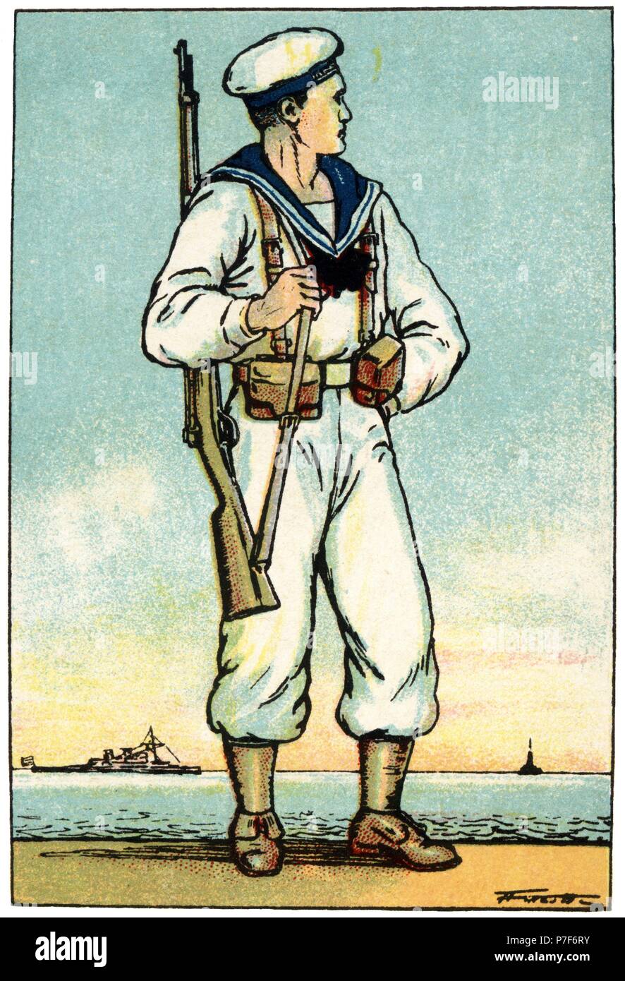 Traje de campaña de verano de marinero español de principios del siglo XX. Cromo de Chocolates Juncosa. Años 1920. Stock Photo
