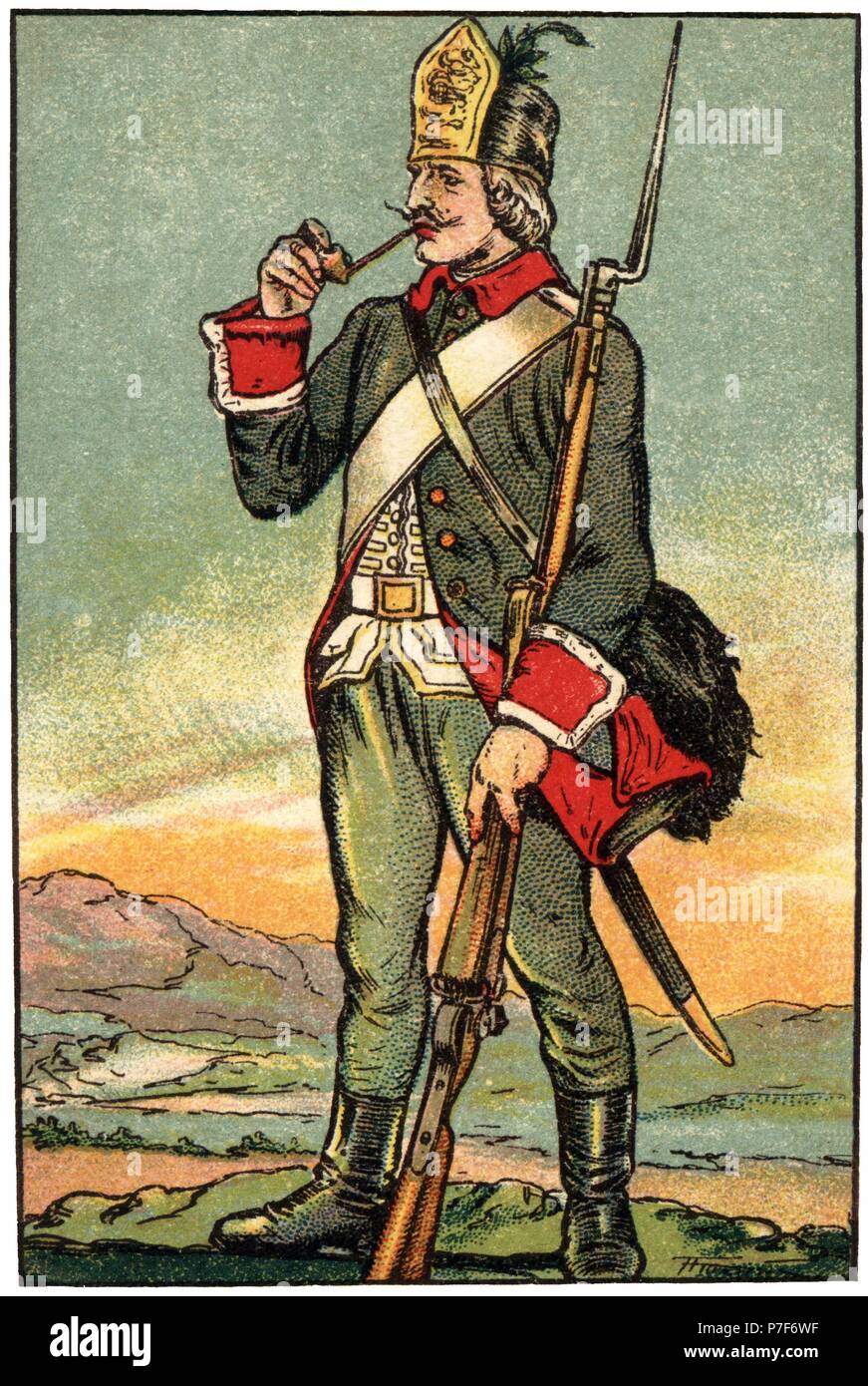 Uniforme de soldado de infantería durante la época de Carlos IV en el siglo  XIX. Cromo de Chocolates Juncosa. Años 1920 Stock Photo - Alamy