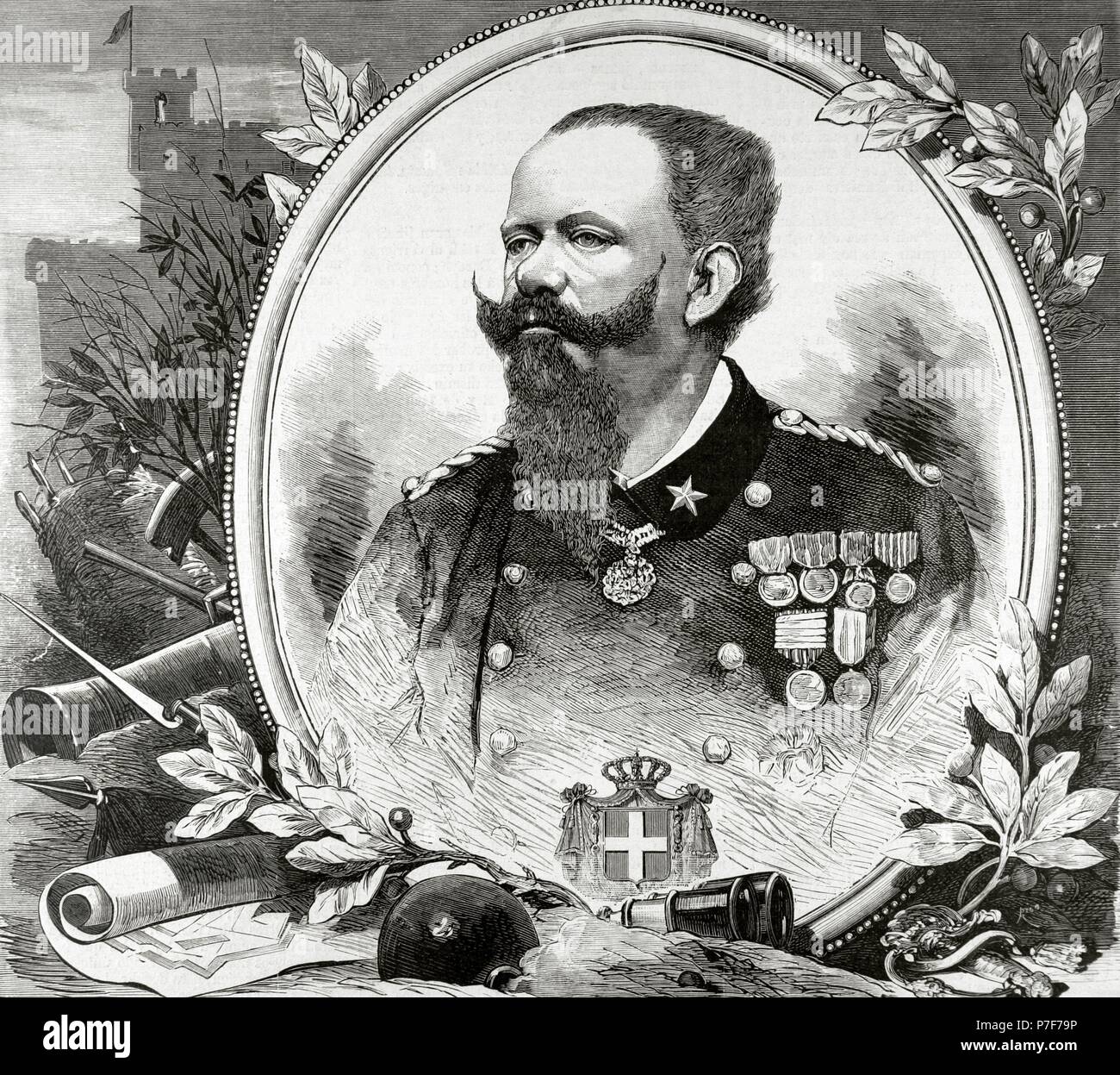 Victor Emmanuel II (1820-1878). King of Sardinia (1849-1861) and king of Italy (1861-1878). Portrait. Engraving by Rico. 'La Ilustracion espanola y Americana'. Stock Photo