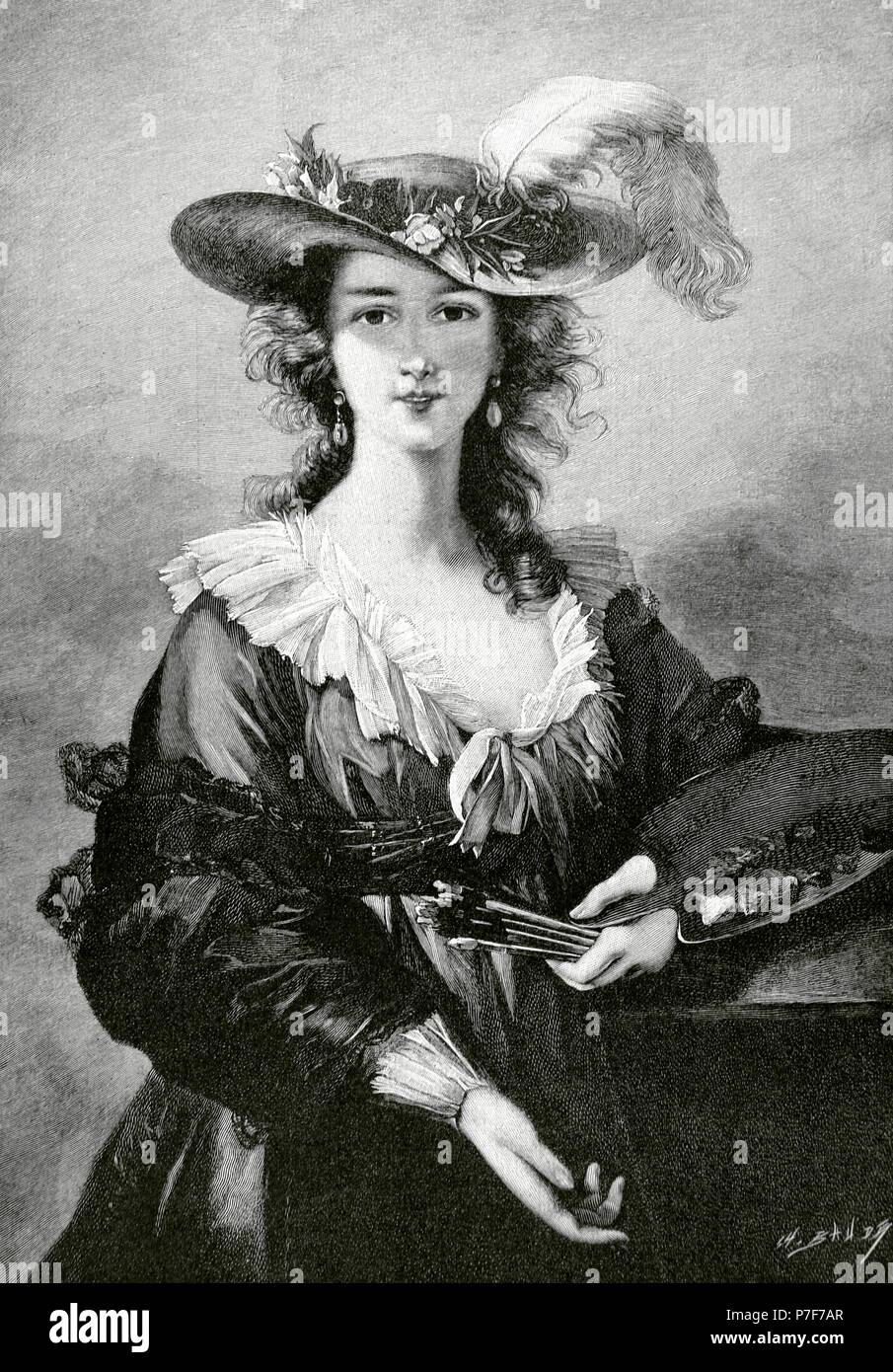 Elisabeth Louise Vigee Le Brun (1755-1842), known as Madame Lebrun. French painter. Rococo style and Neoclassicist. Self-portrait. Engraving by Ch. Baude. "La Ilustracion Artistica", 1896.. Stock Photo