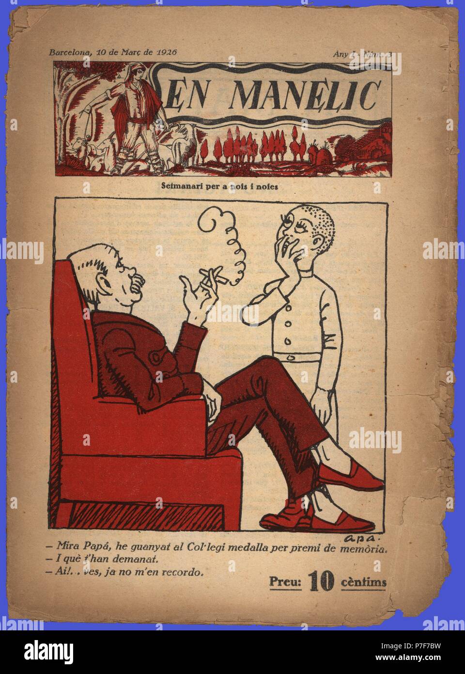 Portada del semanario de humor para jóvenes En Manelic, dibujada por Apa. Barcelona, marzo de 1926. Stock Photo