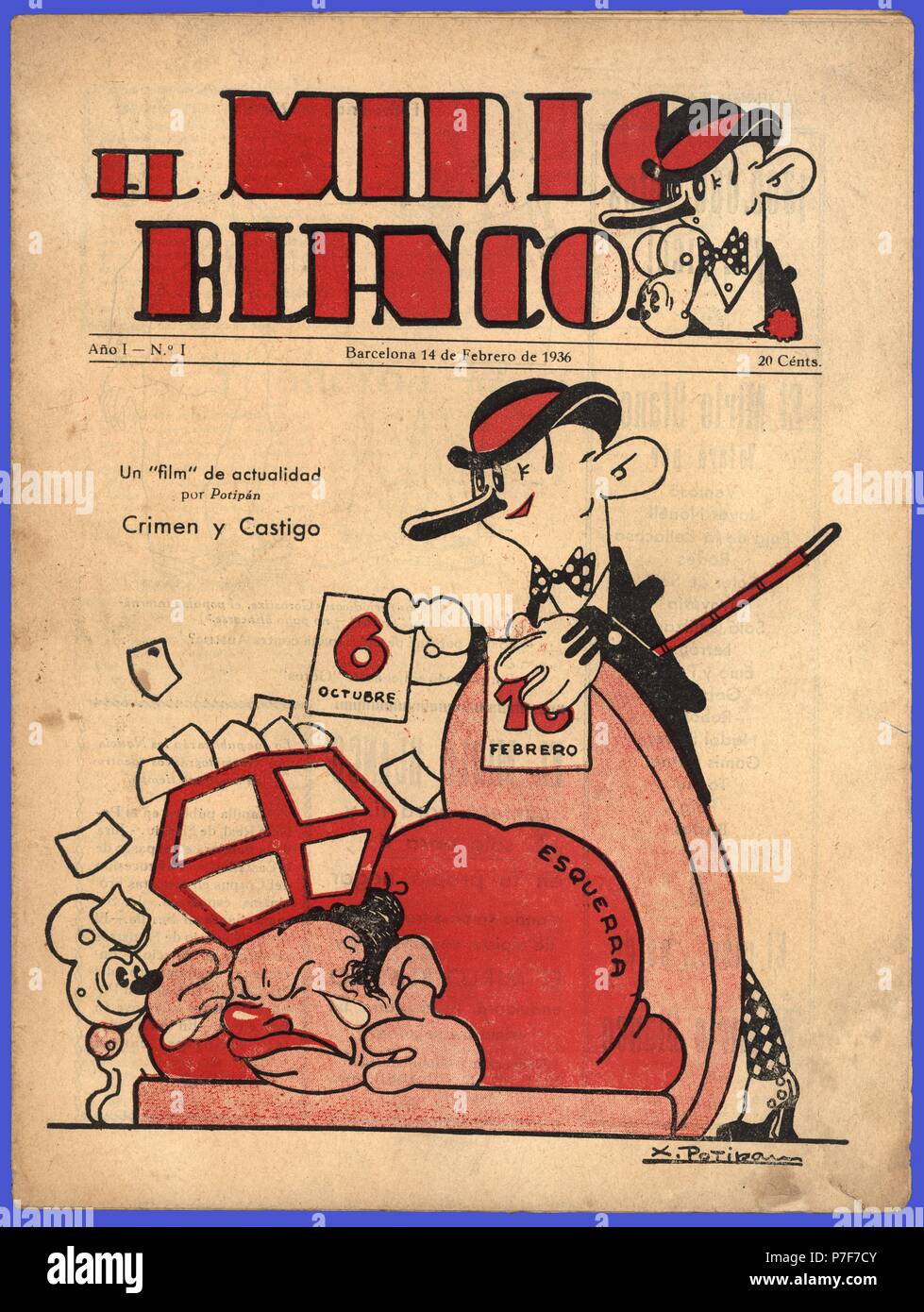 Portada de la revista satírica El Mirlo Blanco, año uno, número uno. Barcelona, febrero de 1936. Stock Photo