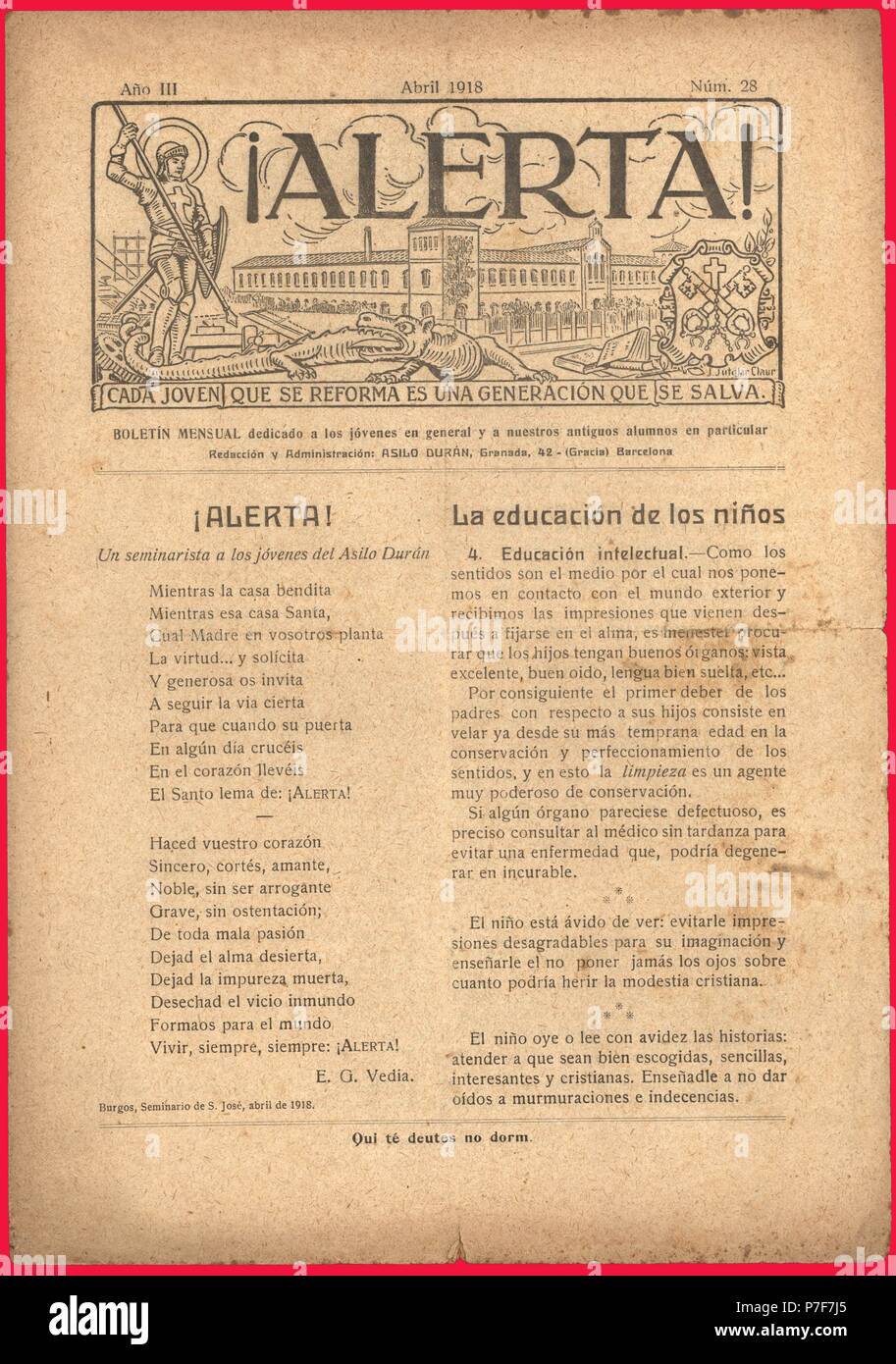 Portada del boletín mensual ¡Alerta!, editado por el asilo Durán, reformatorio para la educación de jóvenes internos, de Barcelona. Abril de 1918. Stock Photo